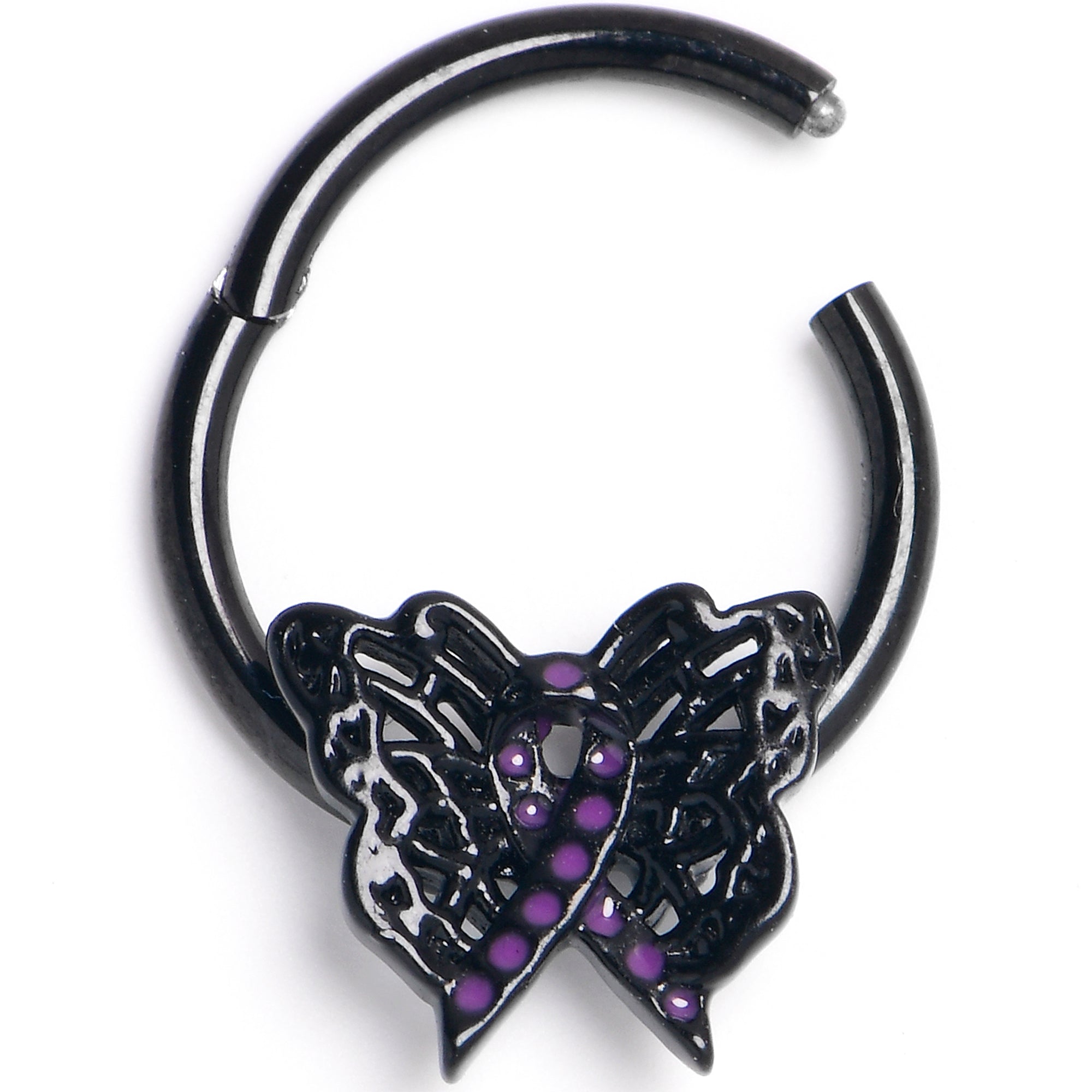 BodyCandy 16G 3/8 Black Purple Beauty in Flight Butterfly Hinged Segment Ring — main product shot