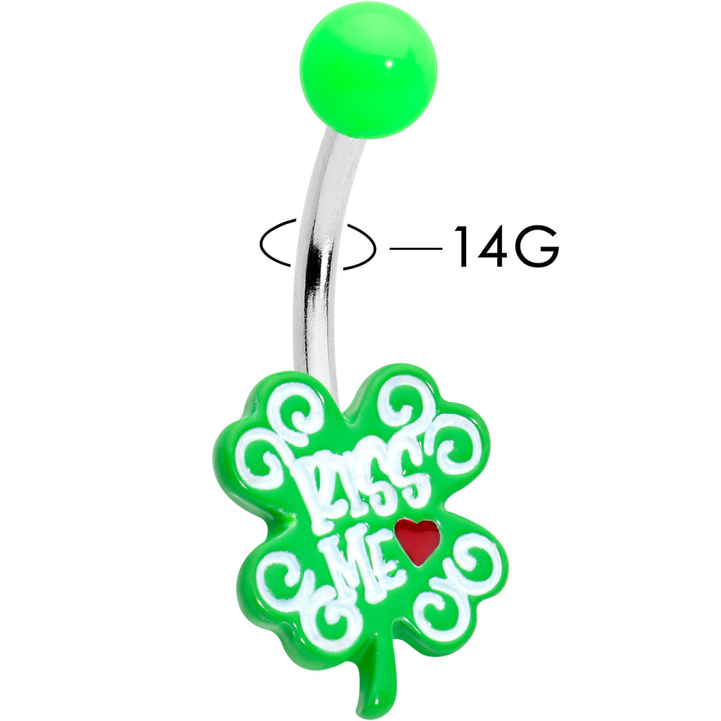 BodyCandy UV Glow Kiss Me Shamrock St Patricks Day Belly Ring — detail close-up
