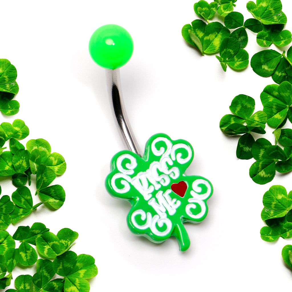 BodyCandy UV Glow Kiss Me Shamrock St Patricks Day Belly Ring — side view