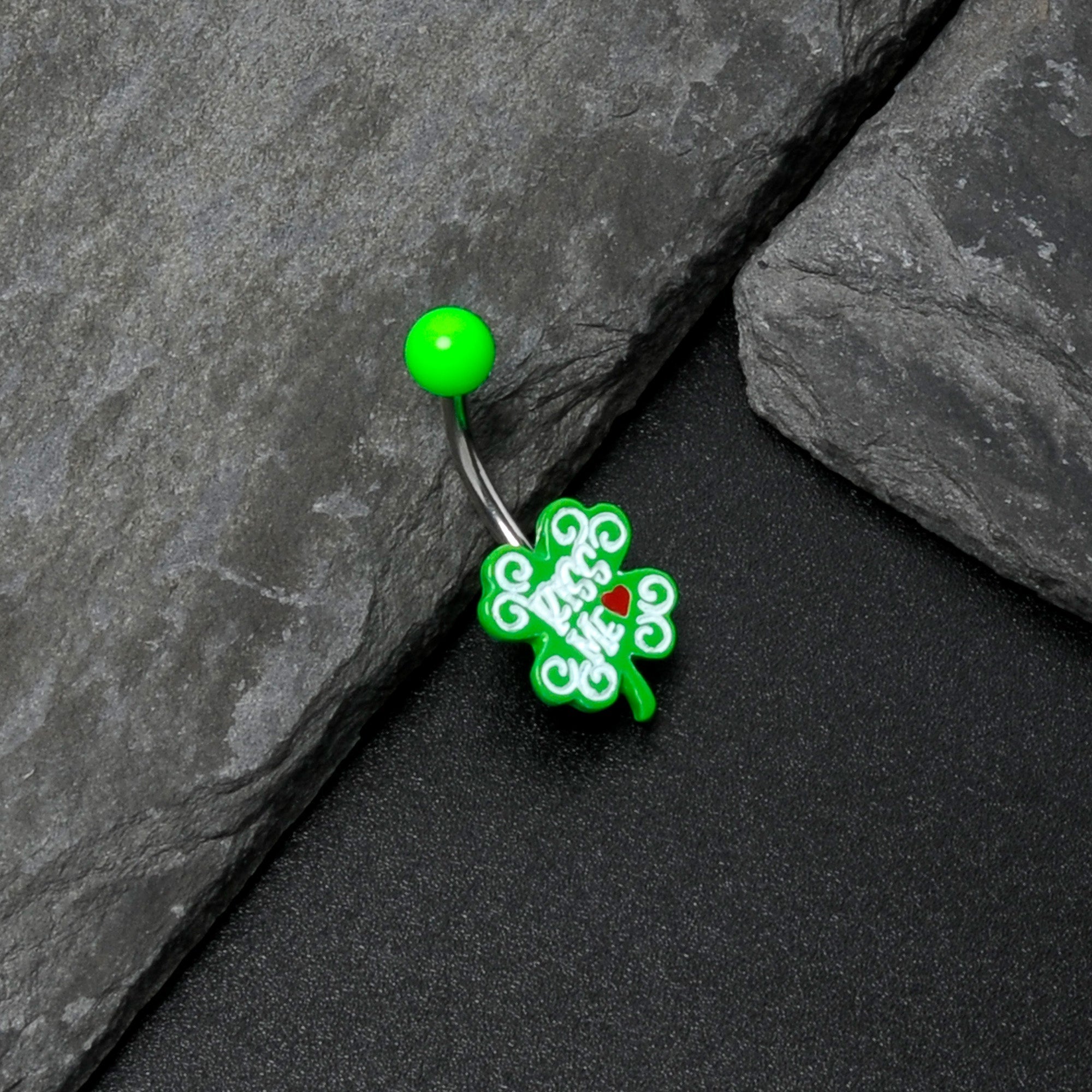 BodyCandy UV Glow Kiss Me Shamrock St Patricks Day Belly Ring — in-use photo