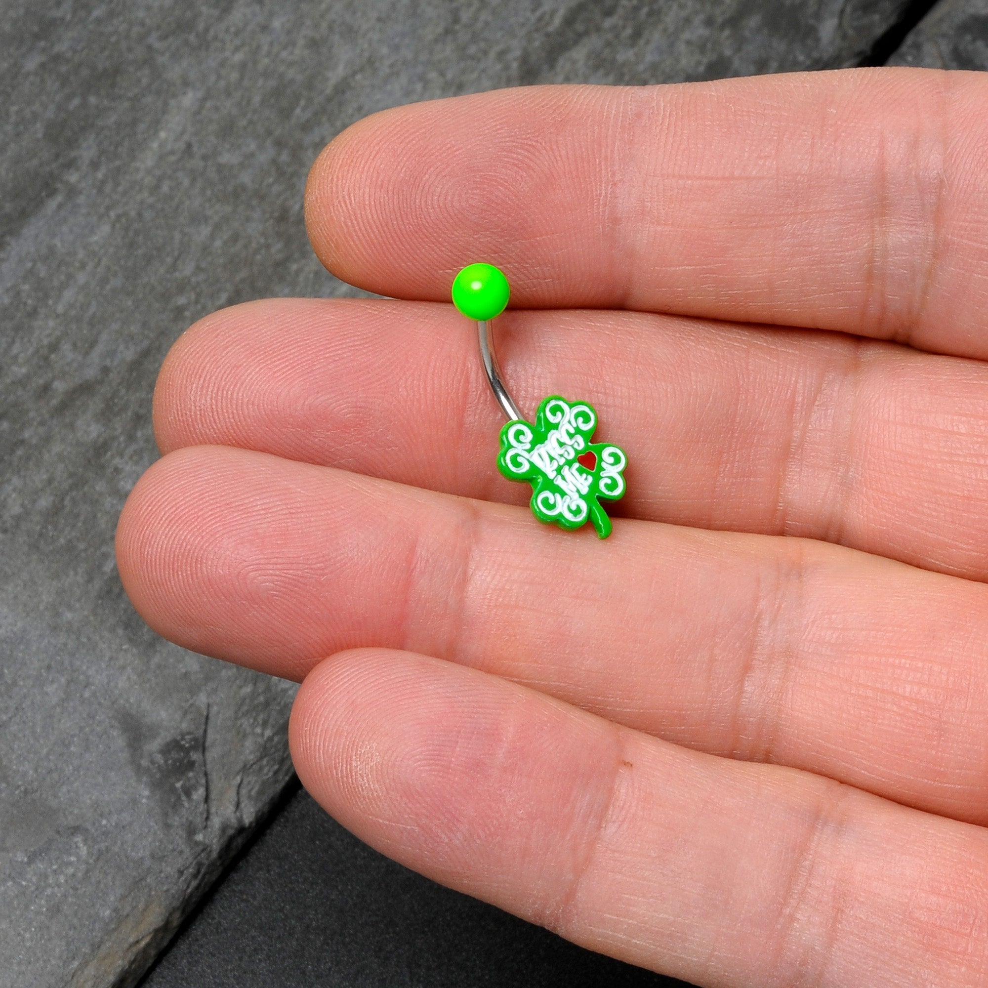 BodyCandy UV Glow Kiss Me Shamrock St Patricks Day Belly Ring — size reference