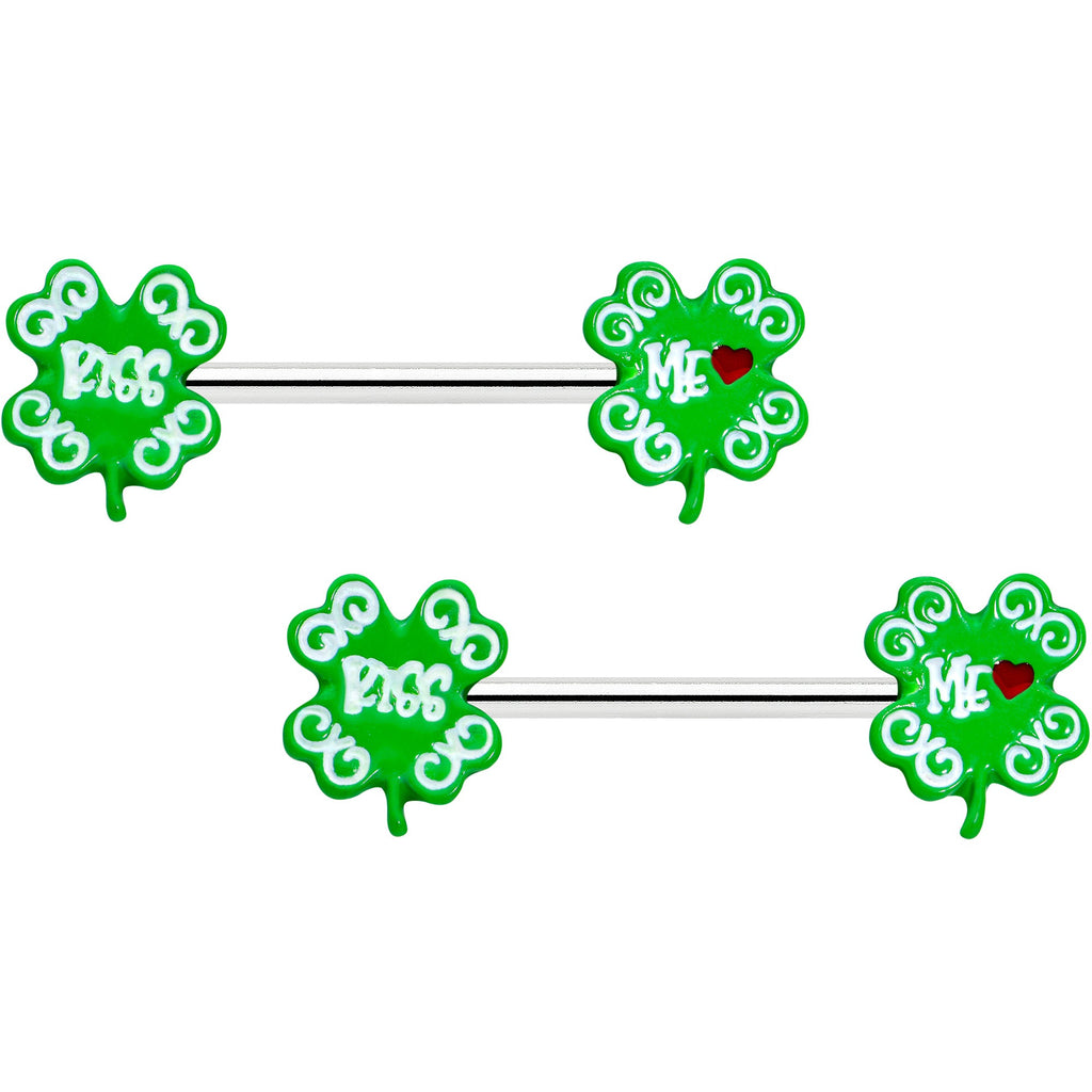 BodyCandy 14G 9/16 Kiss Me Shamrock St Patricks Barbell Nipple Ring Set — main product shot