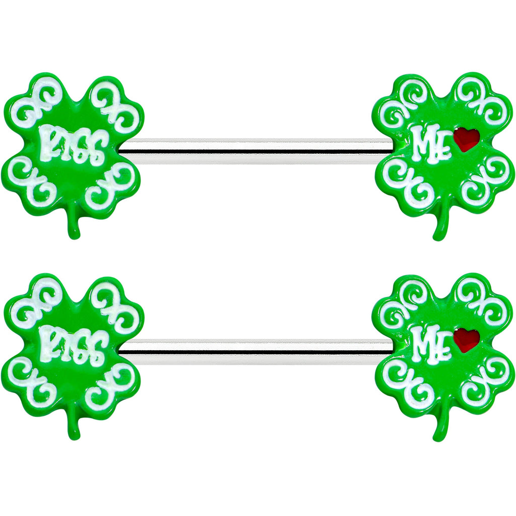 BodyCandy 14G 9/16 Kiss Me Shamrock St Patricks Barbell Nipple Ring Set — detail close-up