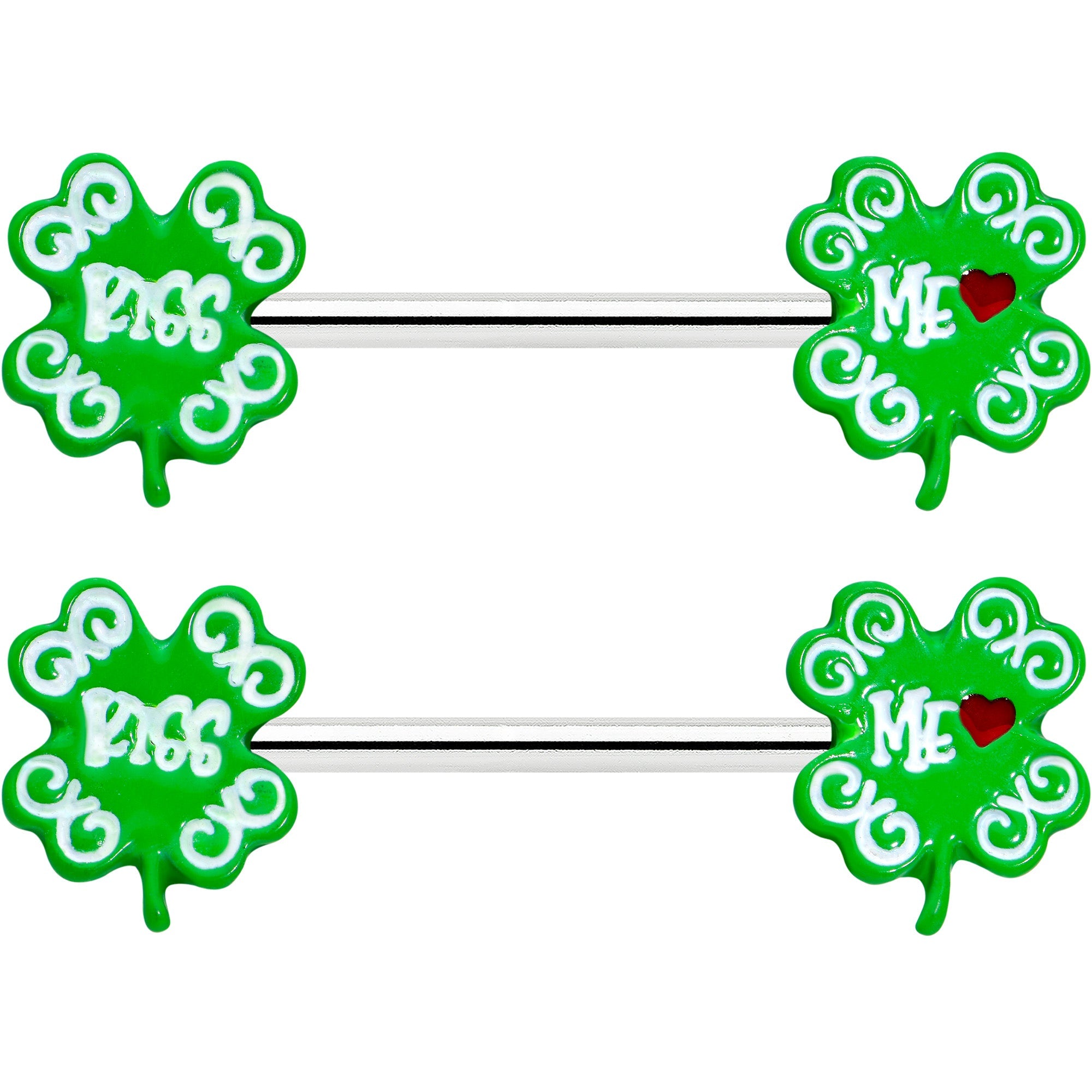 BodyCandy 14G 9/16 Kiss Me Shamrock St Patricks Barbell Nipple Ring Set — detail close-up