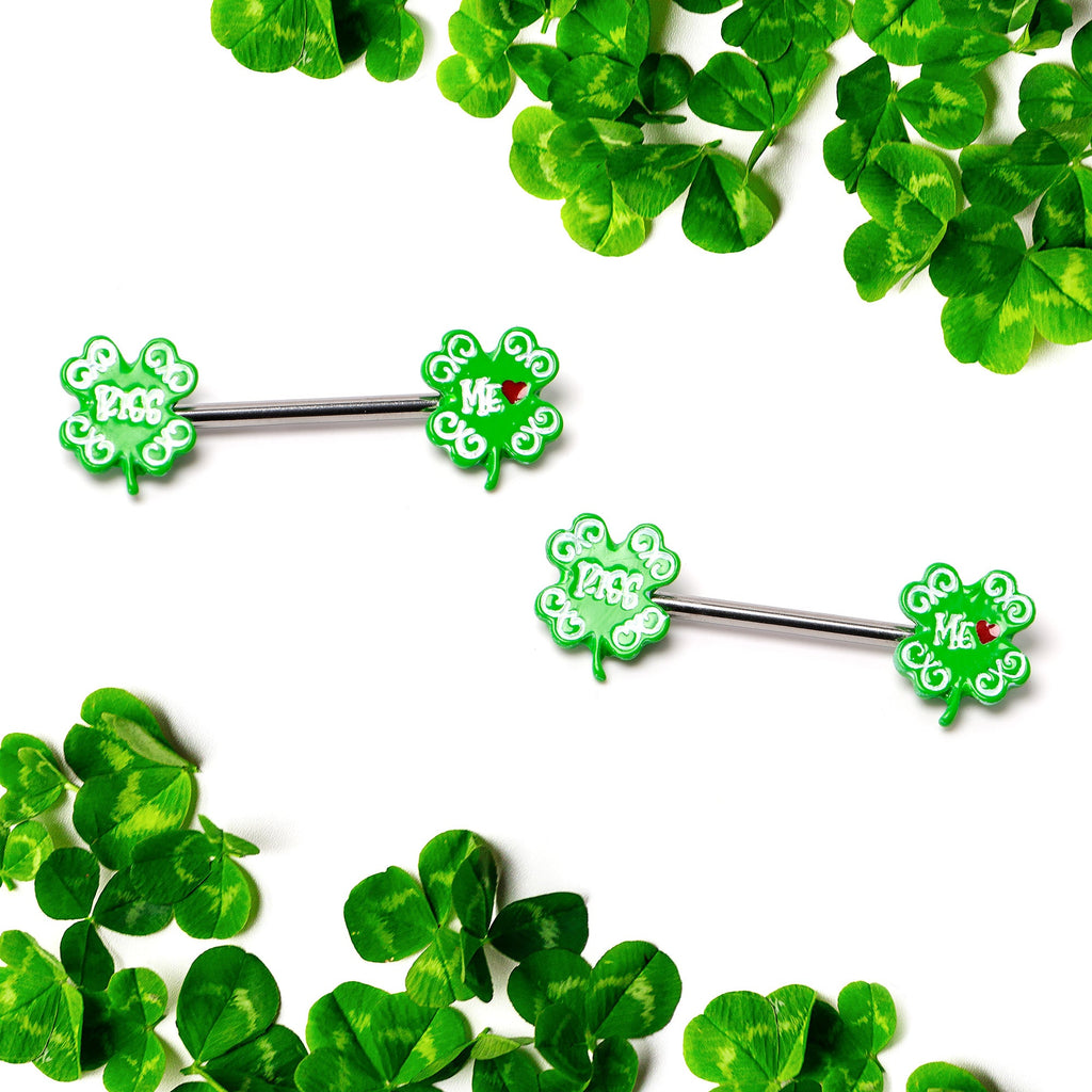 BodyCandy 14G 9/16 Kiss Me Shamrock St Patricks Barbell Nipple Ring Set — side view