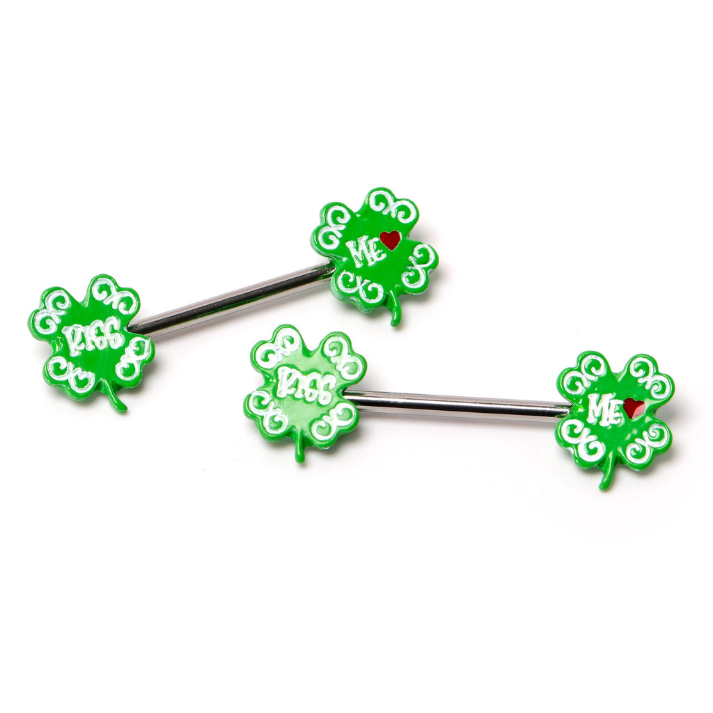 BodyCandy 14G 9/16 Kiss Me Shamrock St Patricks Barbell Nipple Ring Set — back view