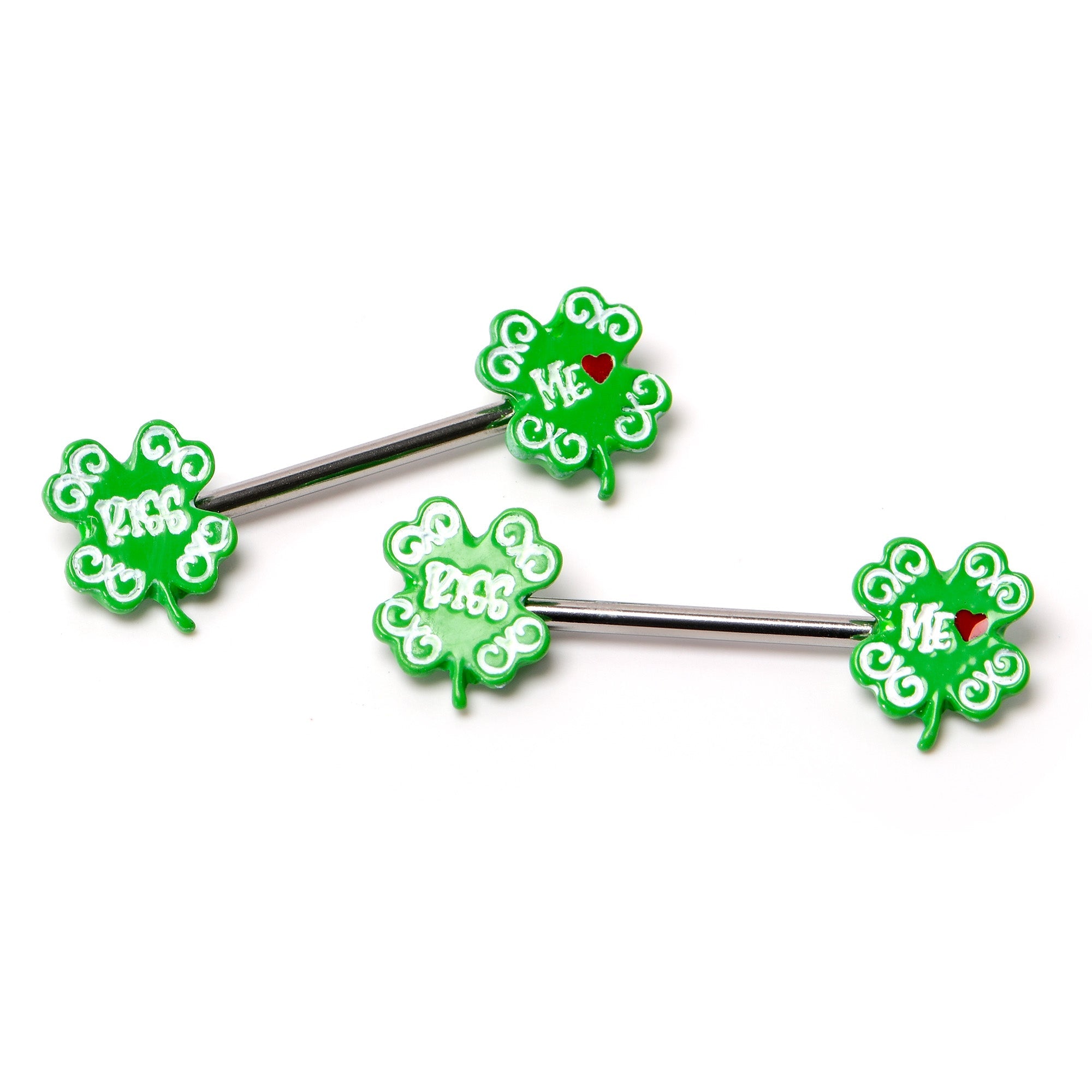 BodyCandy 14G 9/16 Kiss Me Shamrock St Patricks Barbell Nipple Ring Set — back view