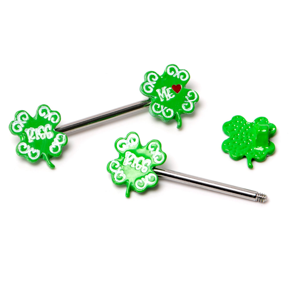 BodyCandy 14G 9/16 Kiss Me Shamrock St Patricks Barbell Nipple Ring Set — alternative angle