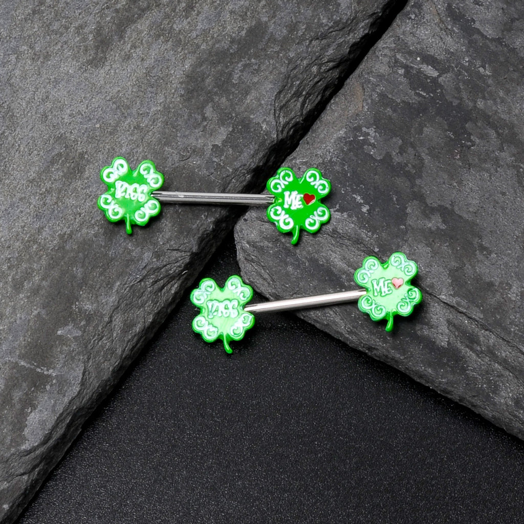 BodyCandy 14G 9/16 Kiss Me Shamrock St Patricks Barbell Nipple Ring Set — in-use photo