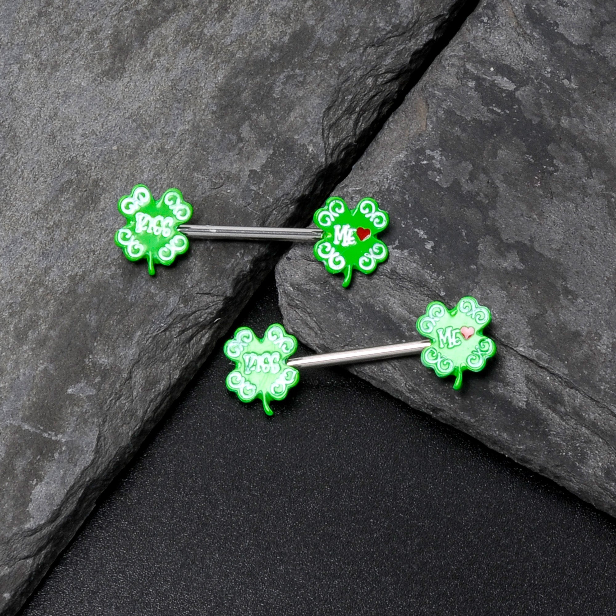 BodyCandy 14G 9/16 Kiss Me Shamrock St Patricks Barbell Nipple Ring Set — in-use photo