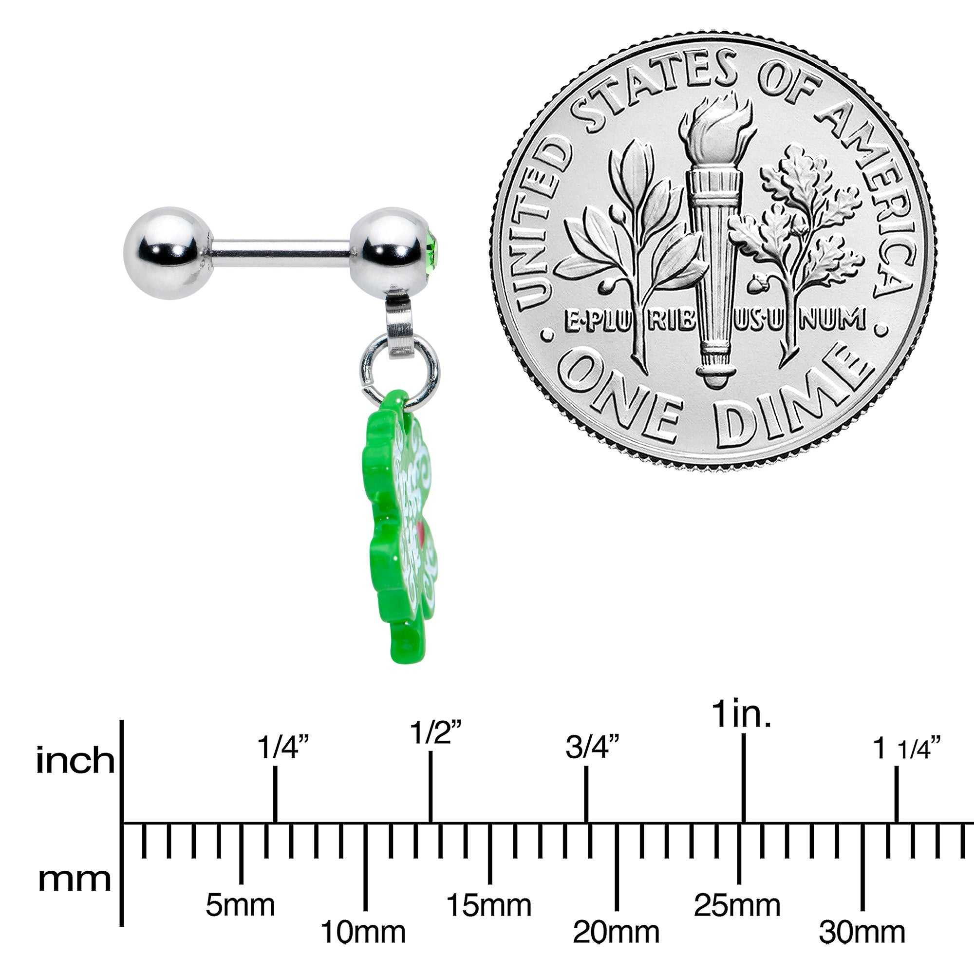 BodyCandy 16G 1/4 Green Gem Kiss Me Shamrock St Patricks Cartilage Earring — side view