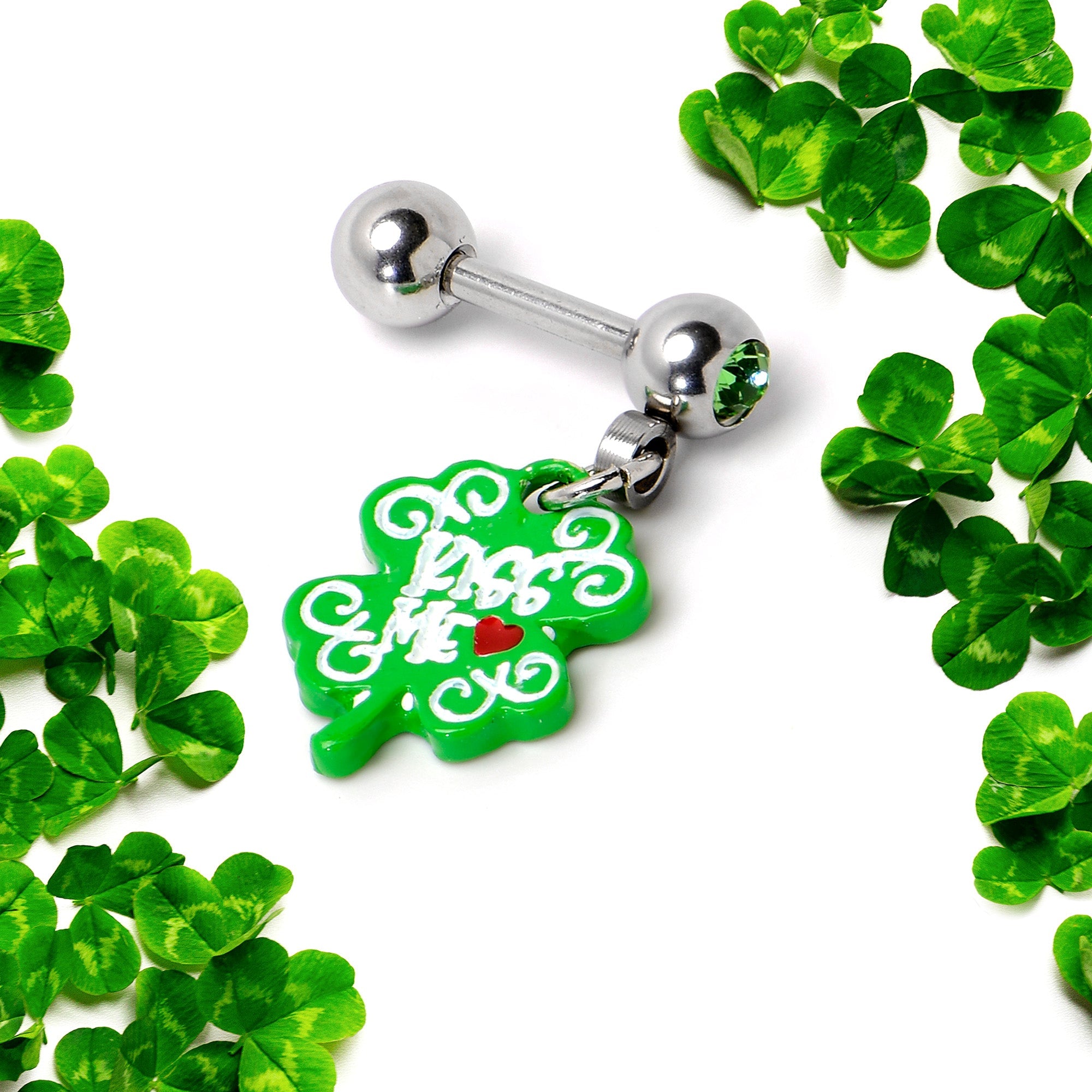 BodyCandy 16G 1/4 Green Gem Kiss Me Shamrock St Patricks Cartilage Earring — back view