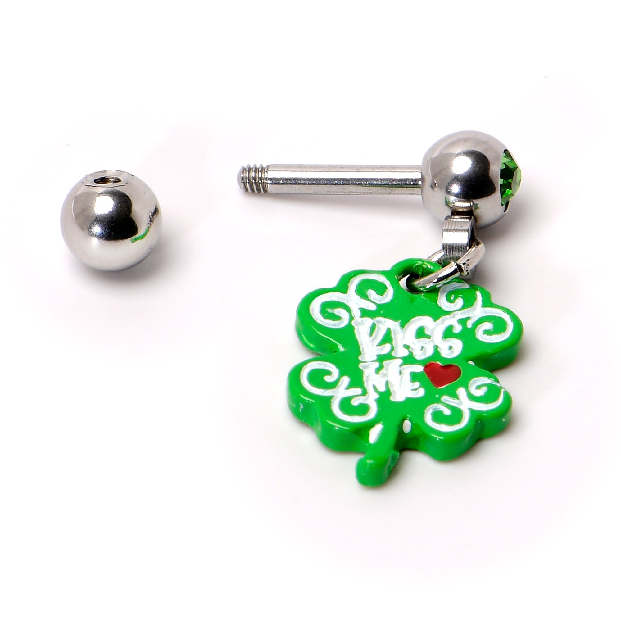BodyCandy 16G 1/4 Green Gem Kiss Me Shamrock St Patricks Cartilage Earring — alternative angle
