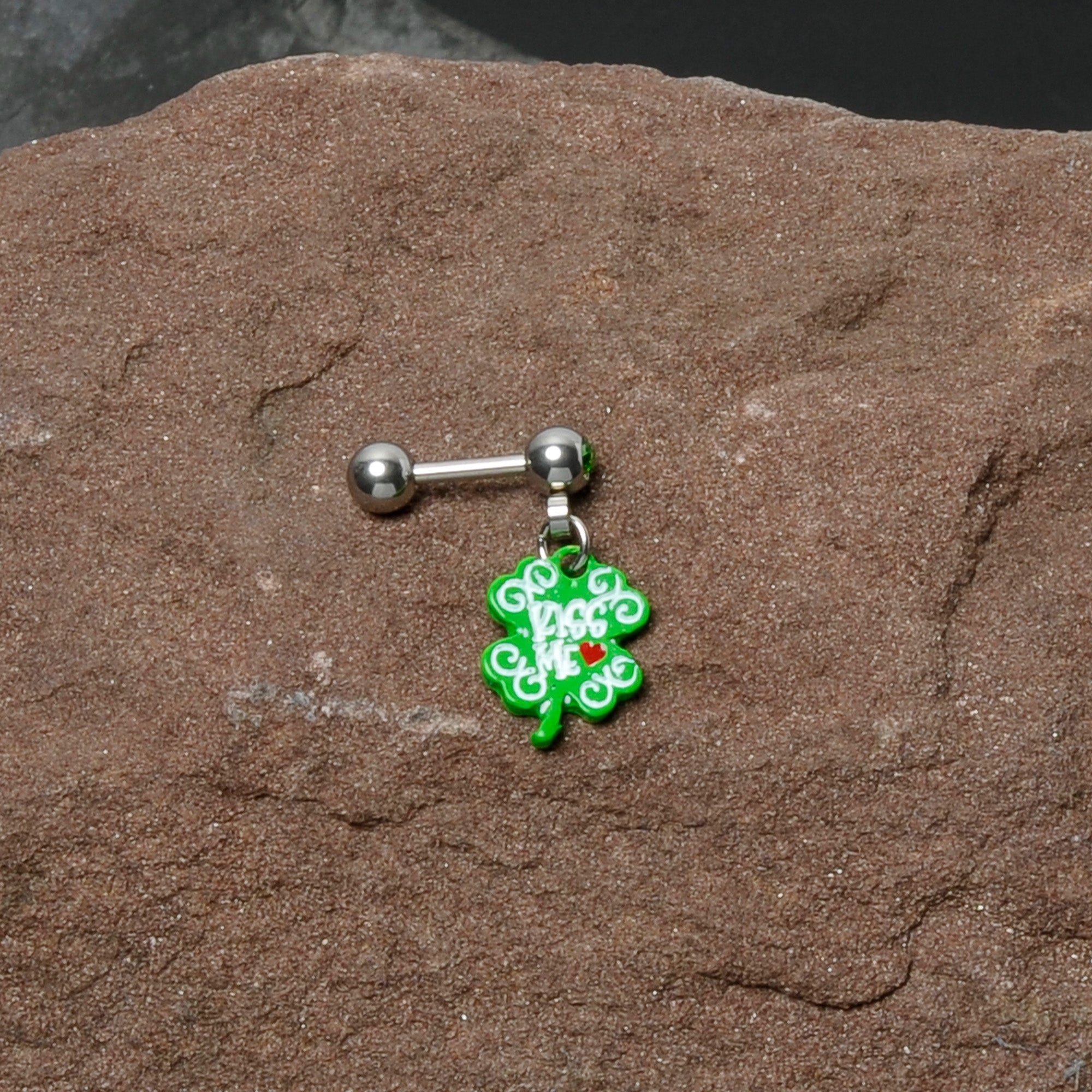 BodyCandy 16G 1/4 Green Gem Kiss Me Shamrock St Patricks Cartilage Earring — in-use photo