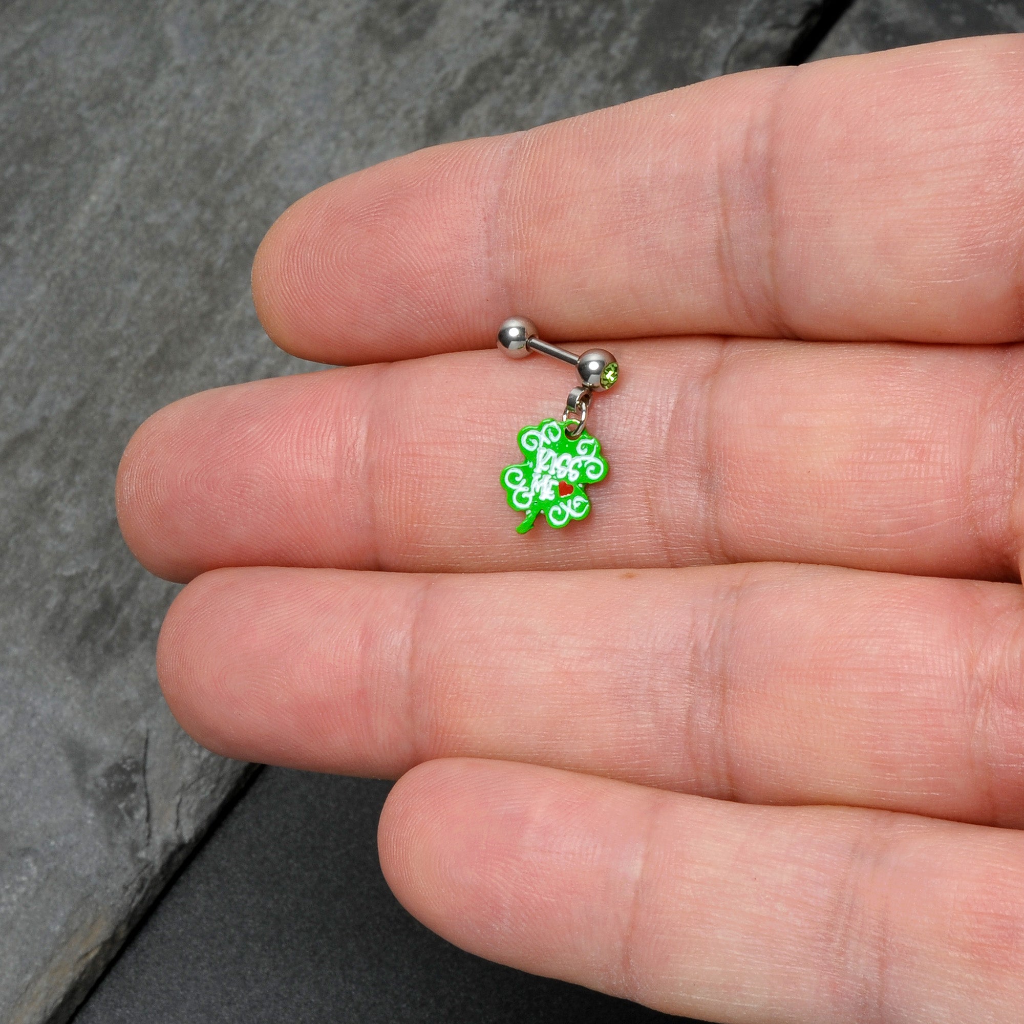 BodyCandy 16G 1/4 Green Gem Kiss Me Shamrock St Patricks Cartilage Earring — size reference