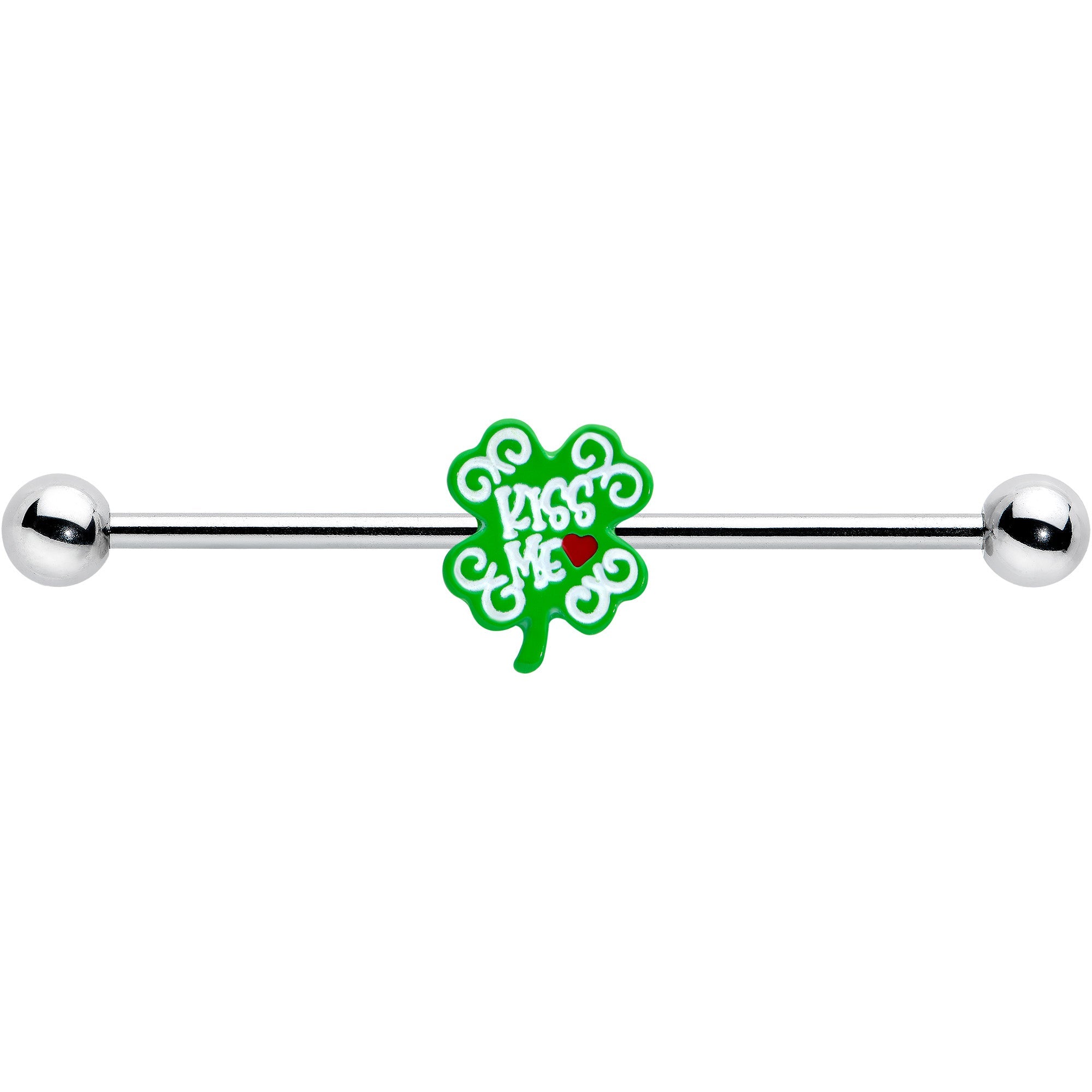BodyCandy 14G Kiss Me Shamrock St Patricks Industrial Barbell 38mm — detail close-up