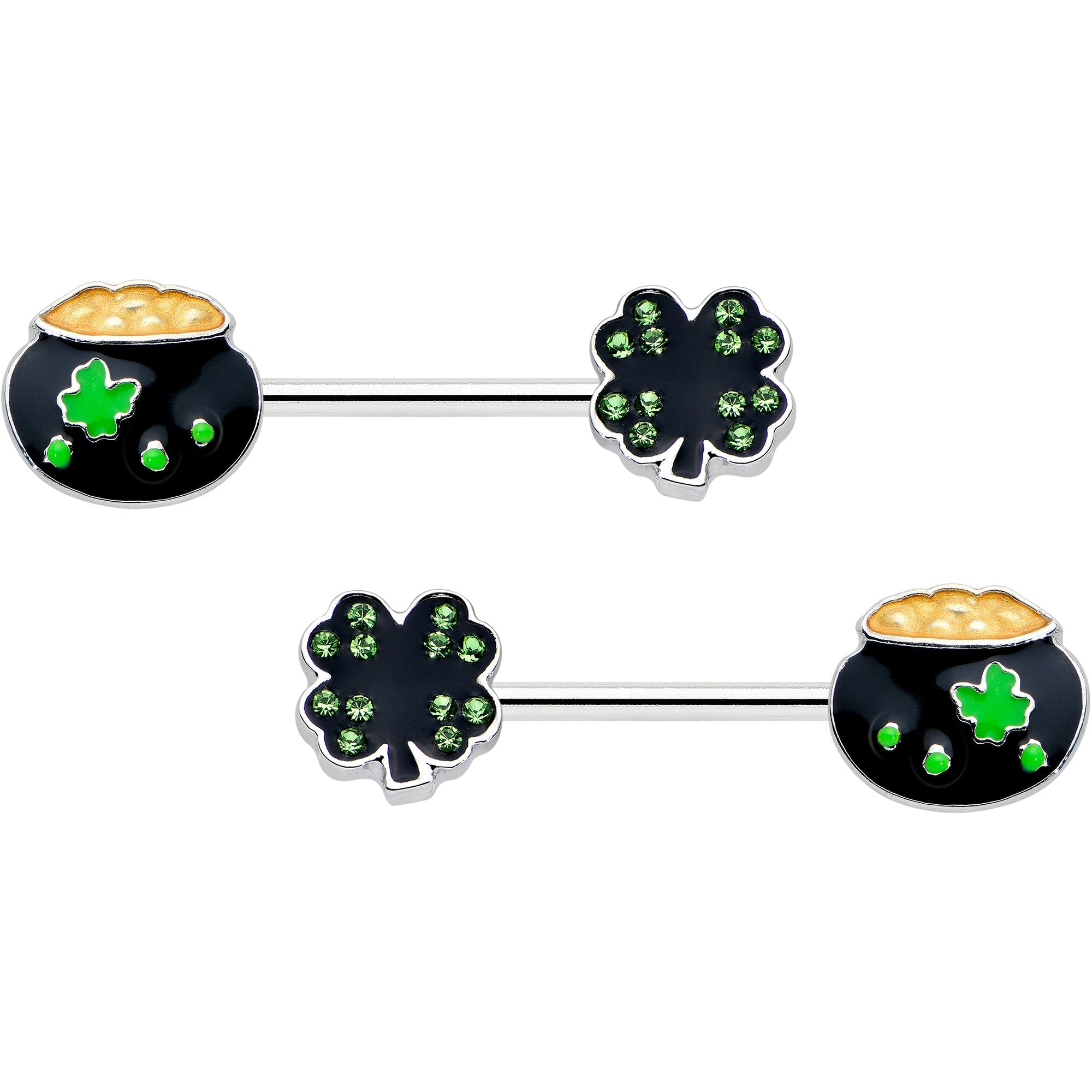 BodyCandy 14G 9/16 Green Gem Shamrock Pot of Gold Barbell Nipple Ring Set — main product shot