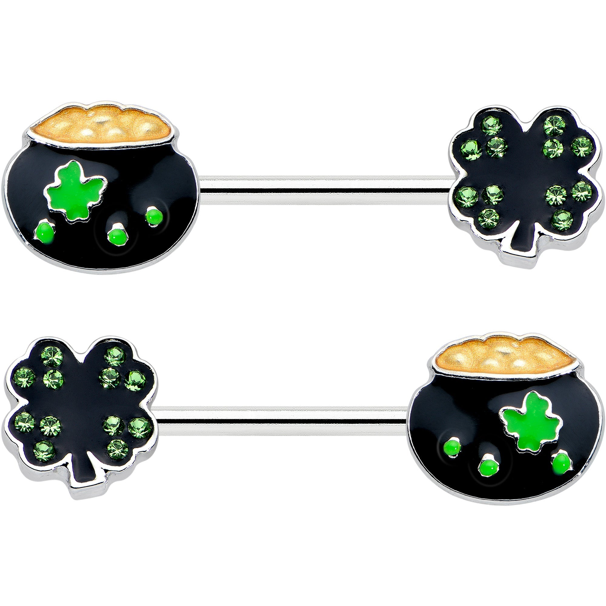 BodyCandy 14G 9/16 Green Gem Shamrock Pot of Gold Barbell Nipple Ring Set — detail close-up