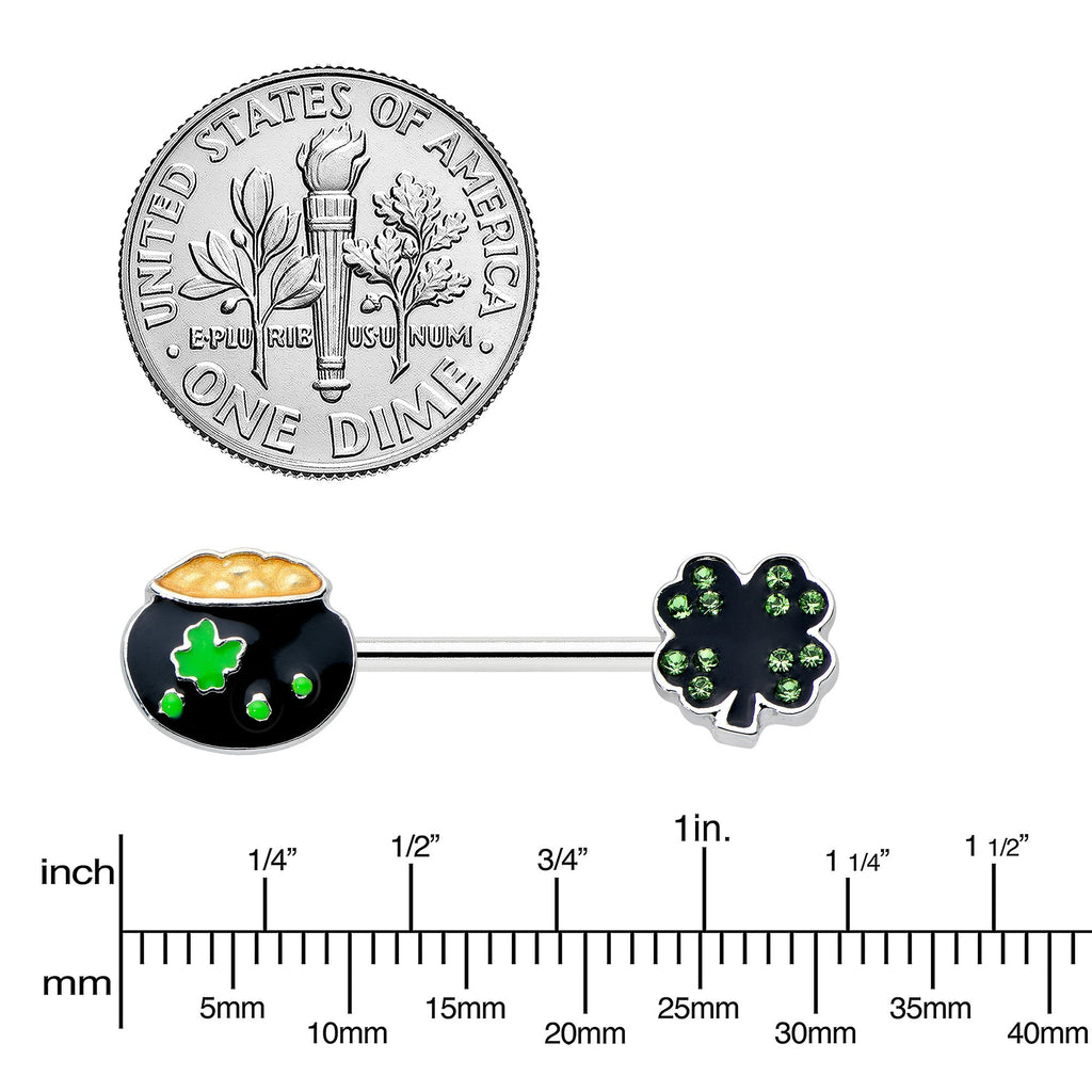 BodyCandy 14G 9/16 Green Gem Shamrock Pot of Gold Barbell Nipple Ring Set — lifestyle context