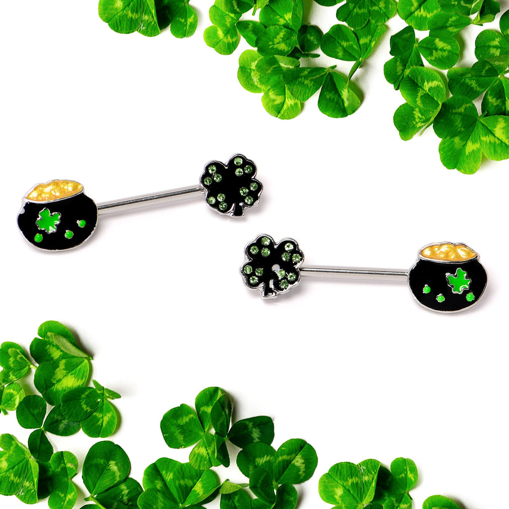 BodyCandy 14G 9/16 Green Gem Shamrock Pot of Gold Barbell Nipple Ring Set — side view