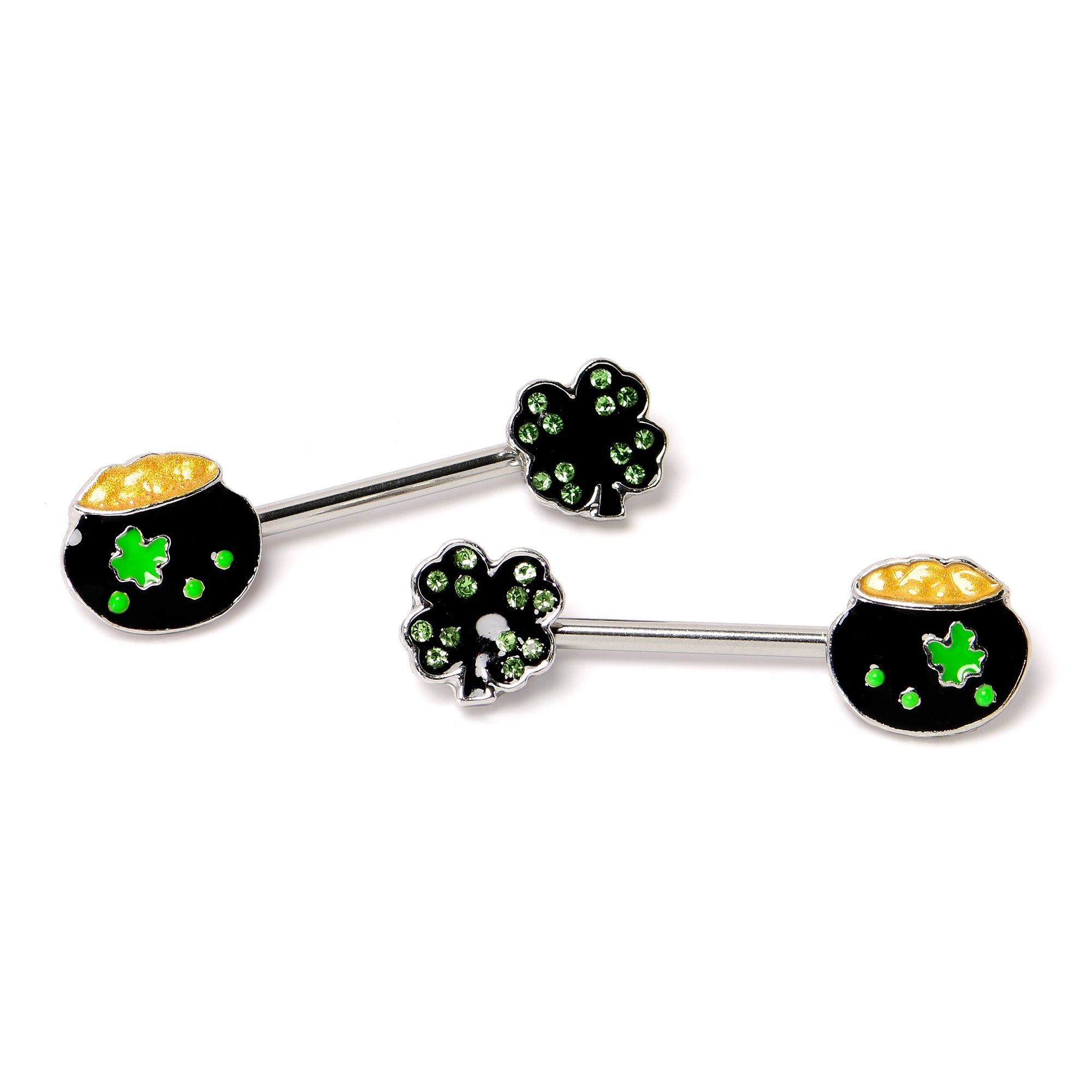 BodyCandy 14G 9/16 Green Gem Shamrock Pot of Gold Barbell Nipple Ring Set — back view