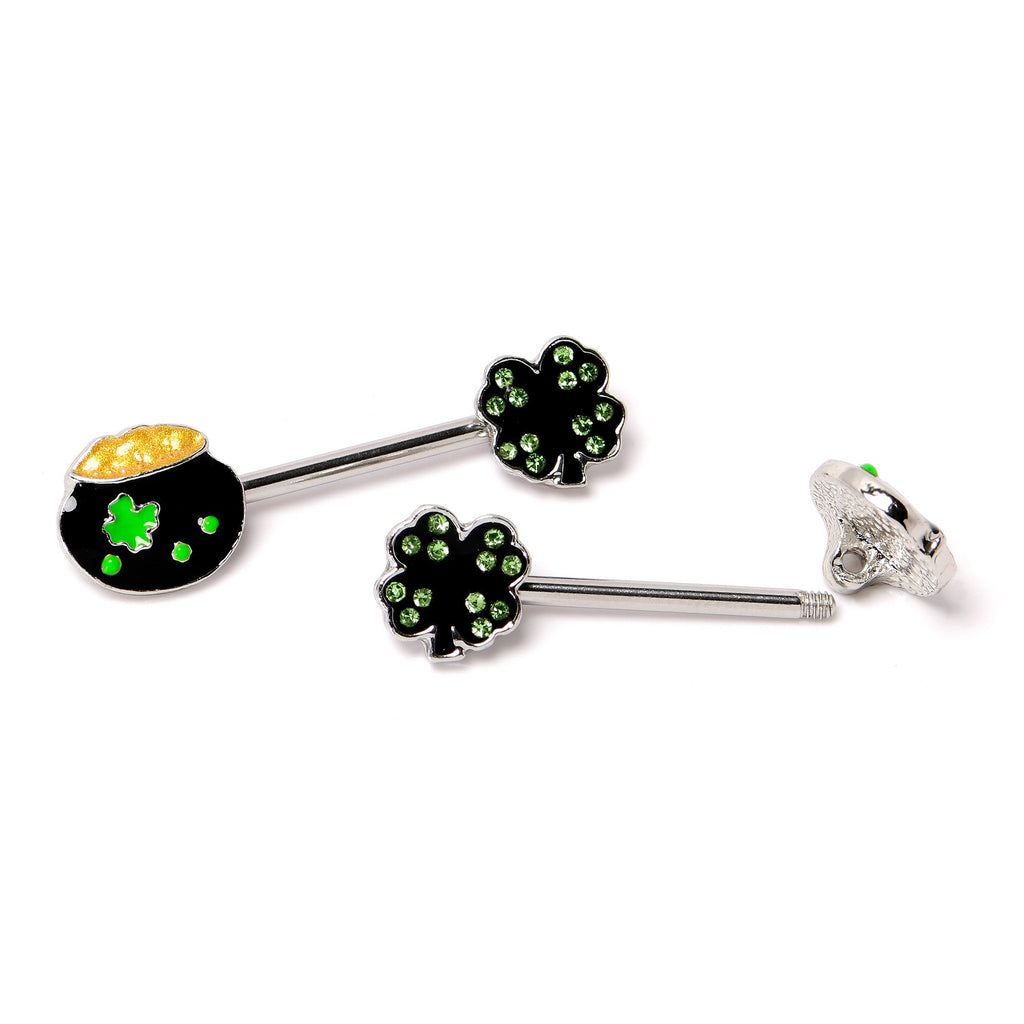 BodyCandy 14G 9/16 Green Gem Shamrock Pot of Gold Barbell Nipple Ring Set — alternative angle