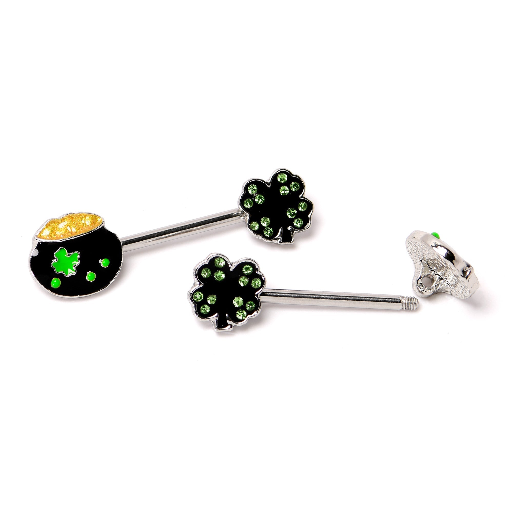 BodyCandy 14G 9/16 Green Gem Shamrock Pot of Gold Barbell Nipple Ring Set — alternative angle