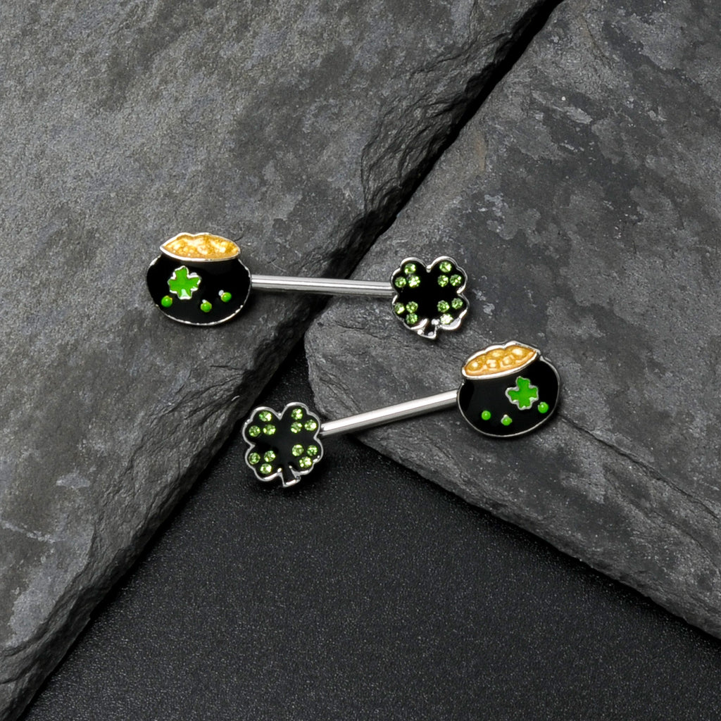 BodyCandy 14G 9/16 Green Gem Shamrock Pot of Gold Barbell Nipple Ring Set — in-use photo