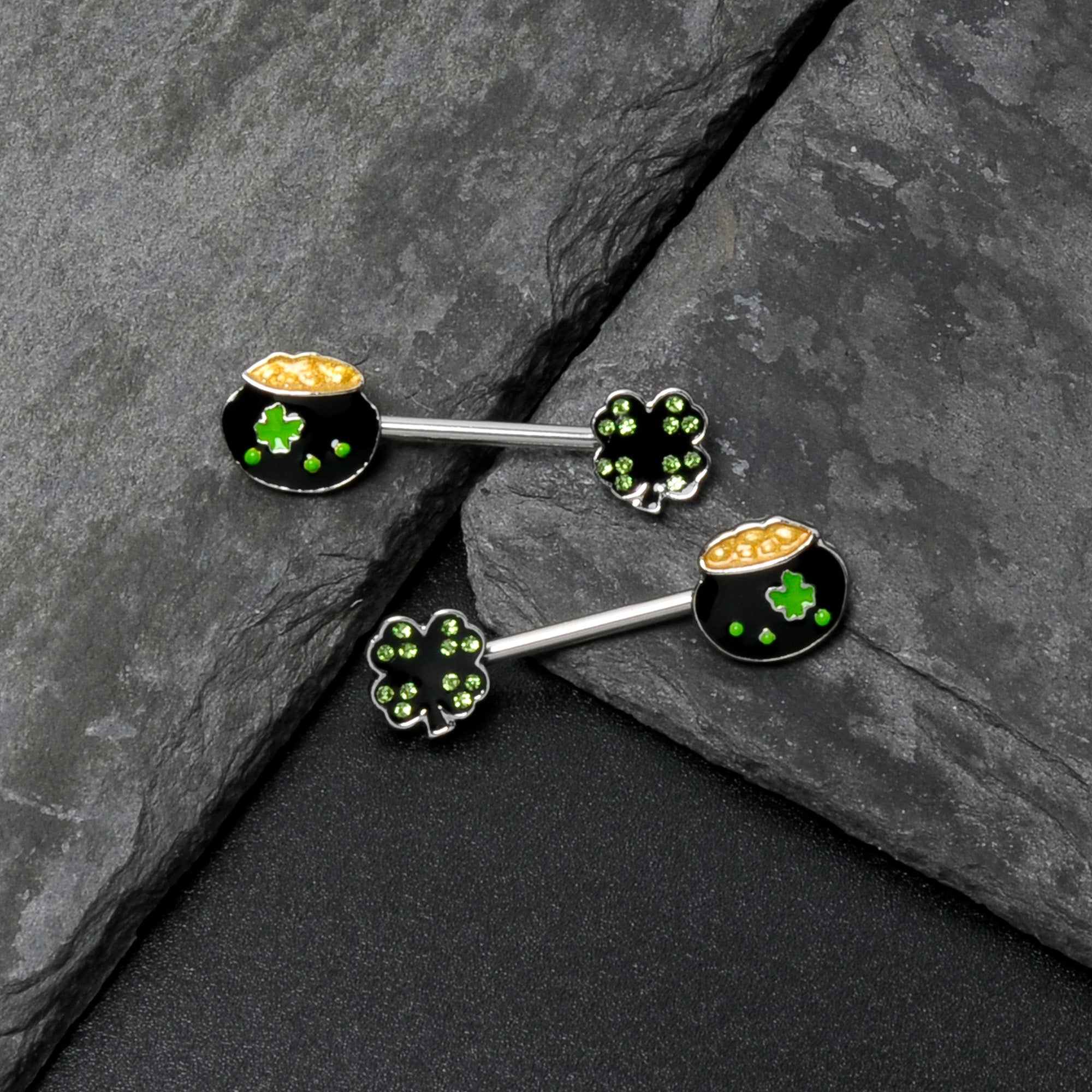 BodyCandy 14G 9/16 Green Gem Shamrock Pot of Gold Barbell Nipple Ring Set — in-use photo