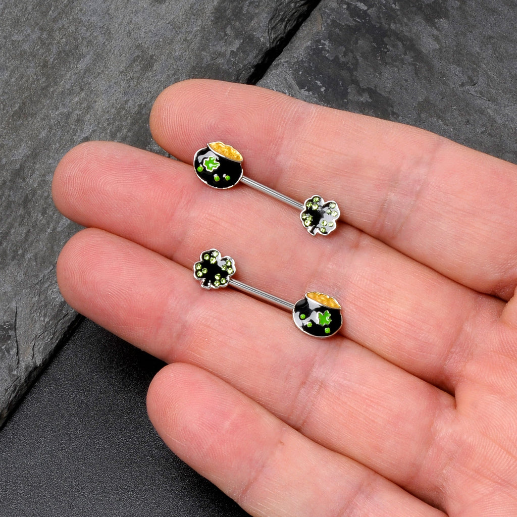 BodyCandy 14G 9/16 Green Gem Shamrock Pot of Gold Barbell Nipple Ring Set — size reference