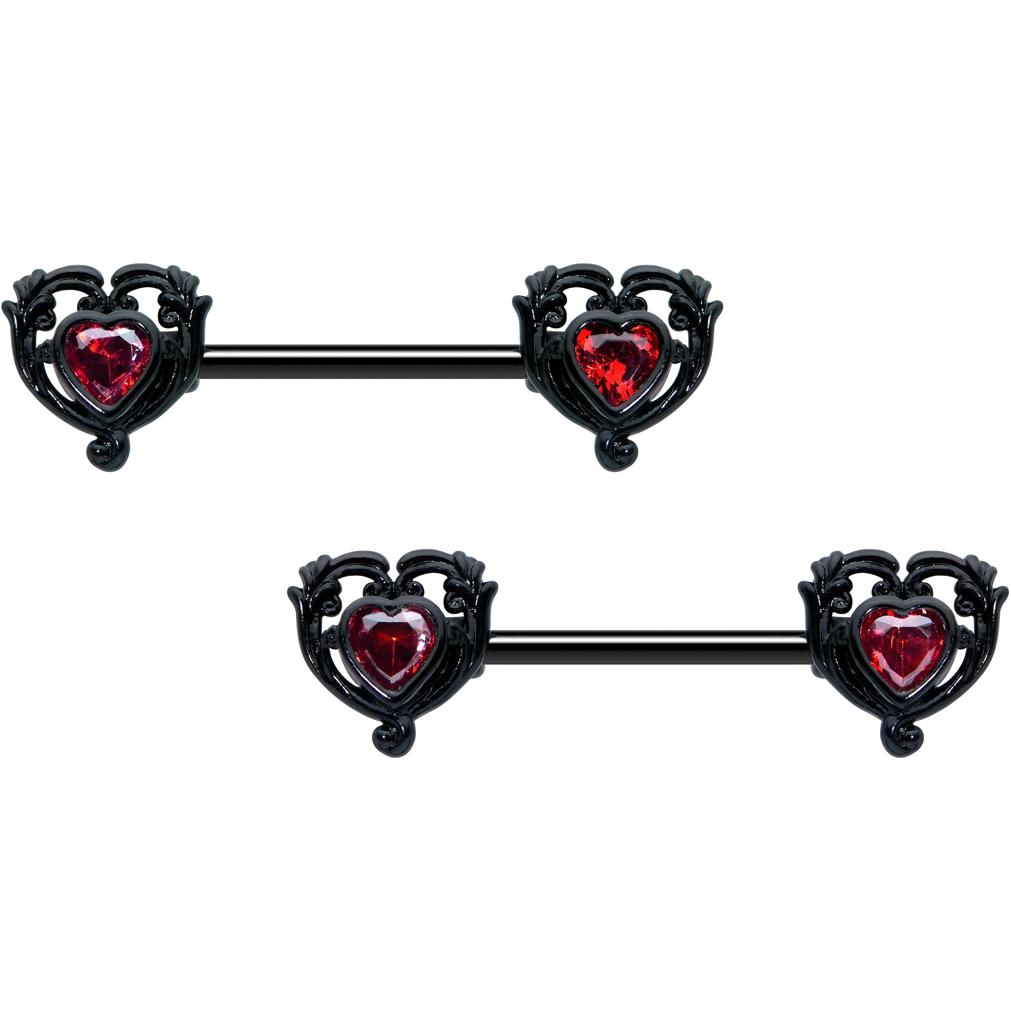 BodyCandy 14G 9/16 Red CZ Gem Black Passion Heart Barbell Nipple Ring Set — main product shot