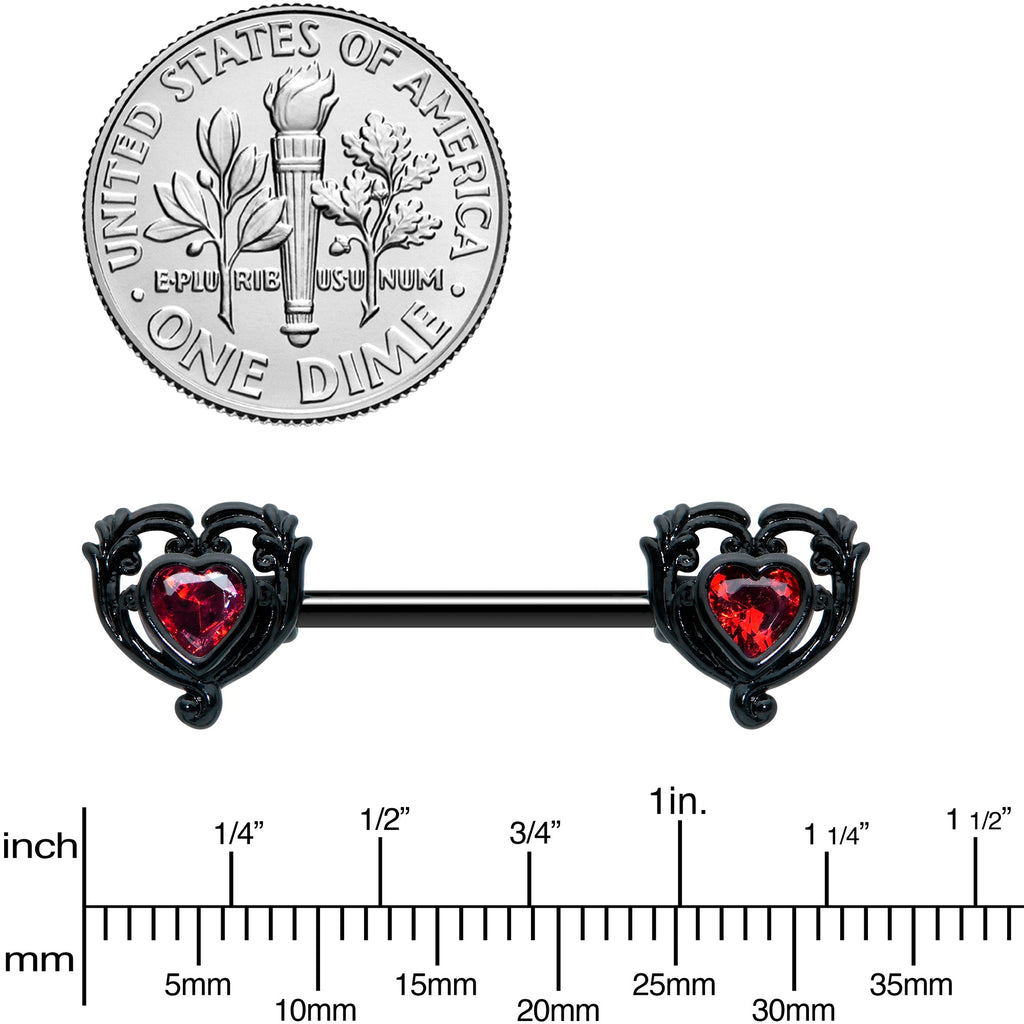 BodyCandy 14G 9/16 Red CZ Gem Black Passion Heart Barbell Nipple Ring Set — side view