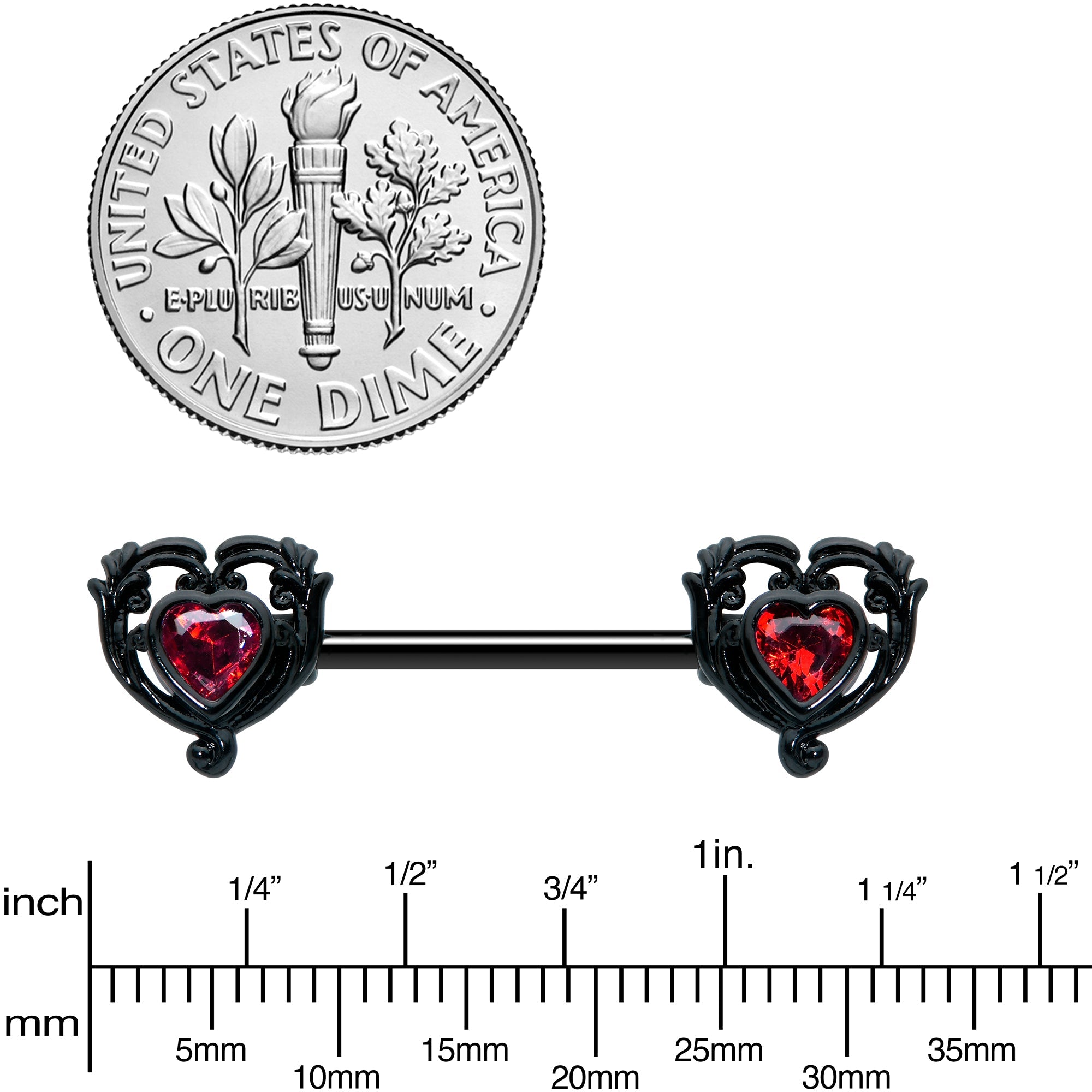 BodyCandy 14G 9/16 Red CZ Gem Black Passion Heart Barbell Nipple Ring Set — side view