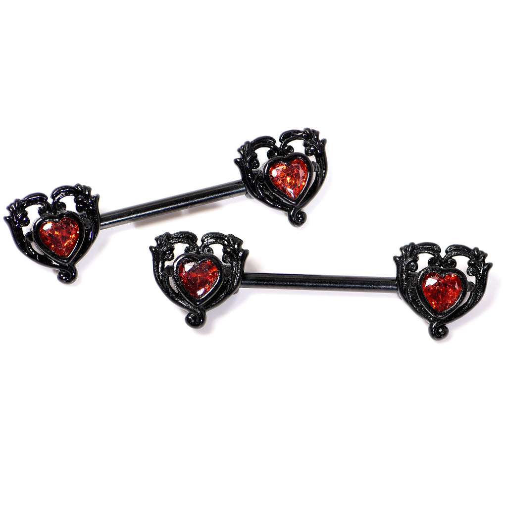 BodyCandy 14G 9/16 Red CZ Gem Black Passion Heart Barbell Nipple Ring Set — back view