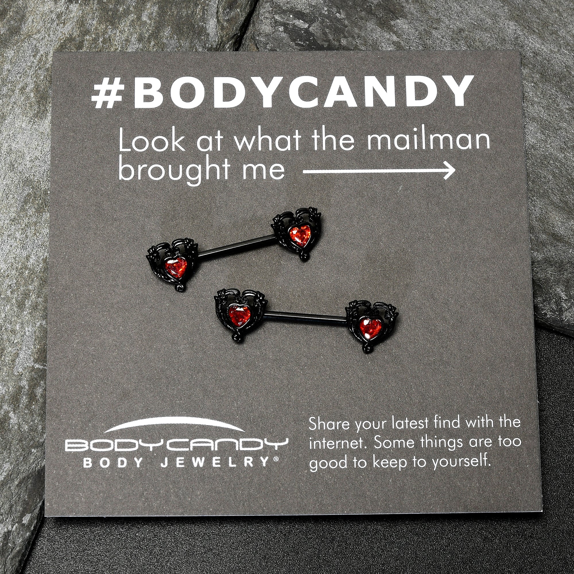 BodyCandy 14G 9/16 Red CZ Gem Black Passion Heart Barbell Nipple Ring Set — alternative angle