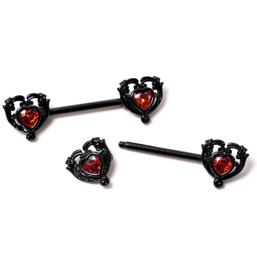 BodyCandy 14G 9/16 Red CZ Gem Black Passion Heart Barbell Nipple Ring Set — in-use photo