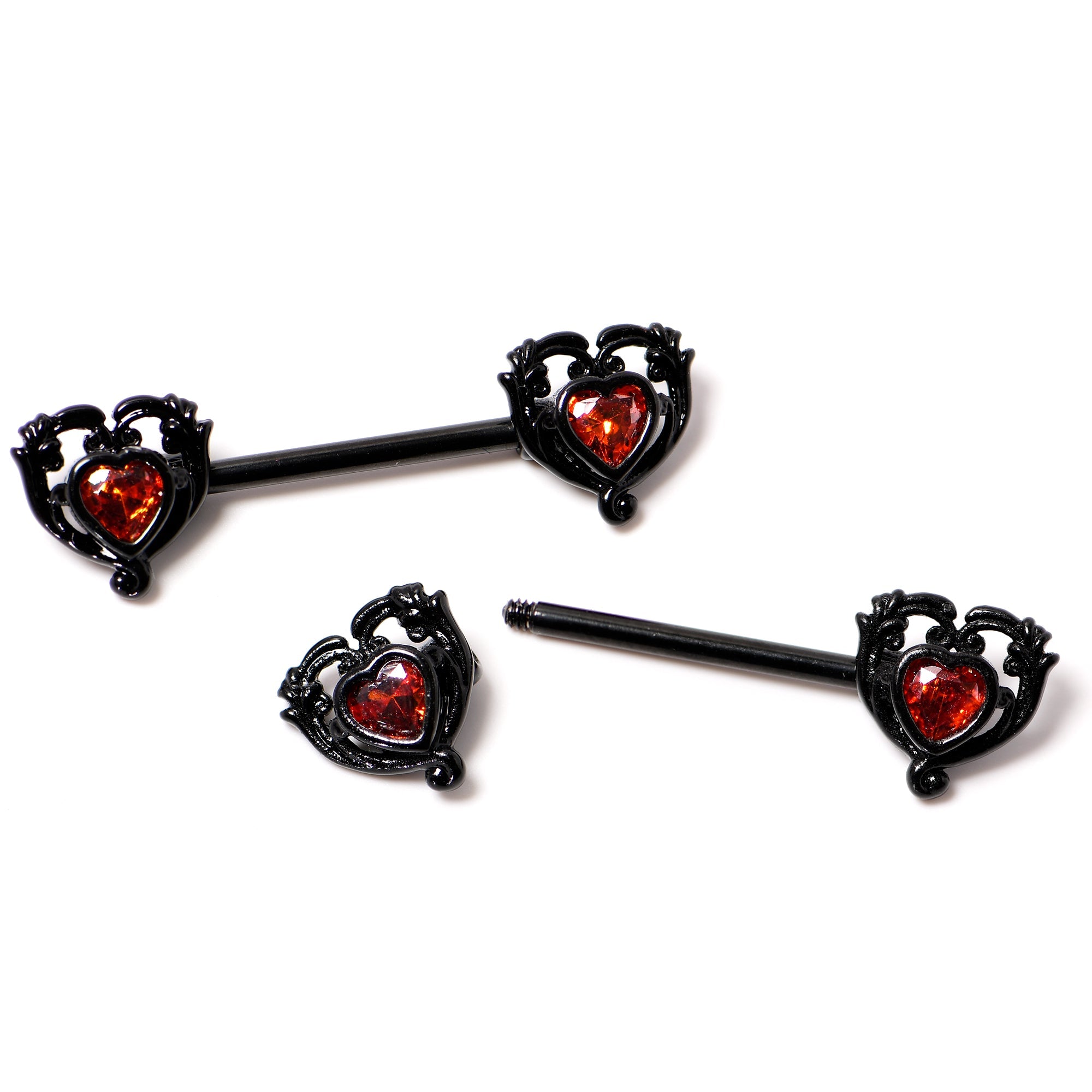 BodyCandy 14G 9/16 Red CZ Gem Black Passion Heart Barbell Nipple Ring Set — in-use photo