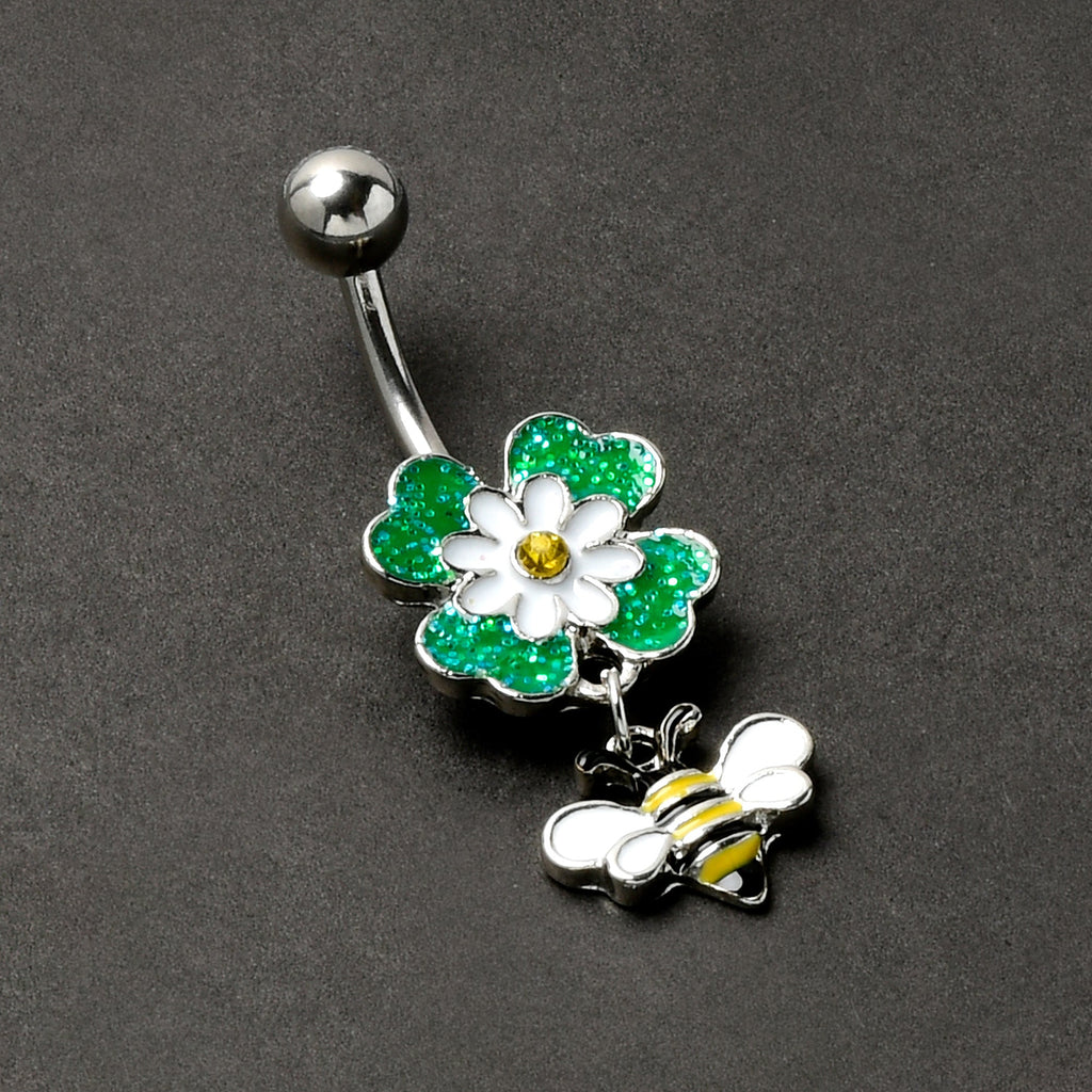 BodyCandy Yellow Gem Daisy Bee Glittery Dangle Belly Ring — side view