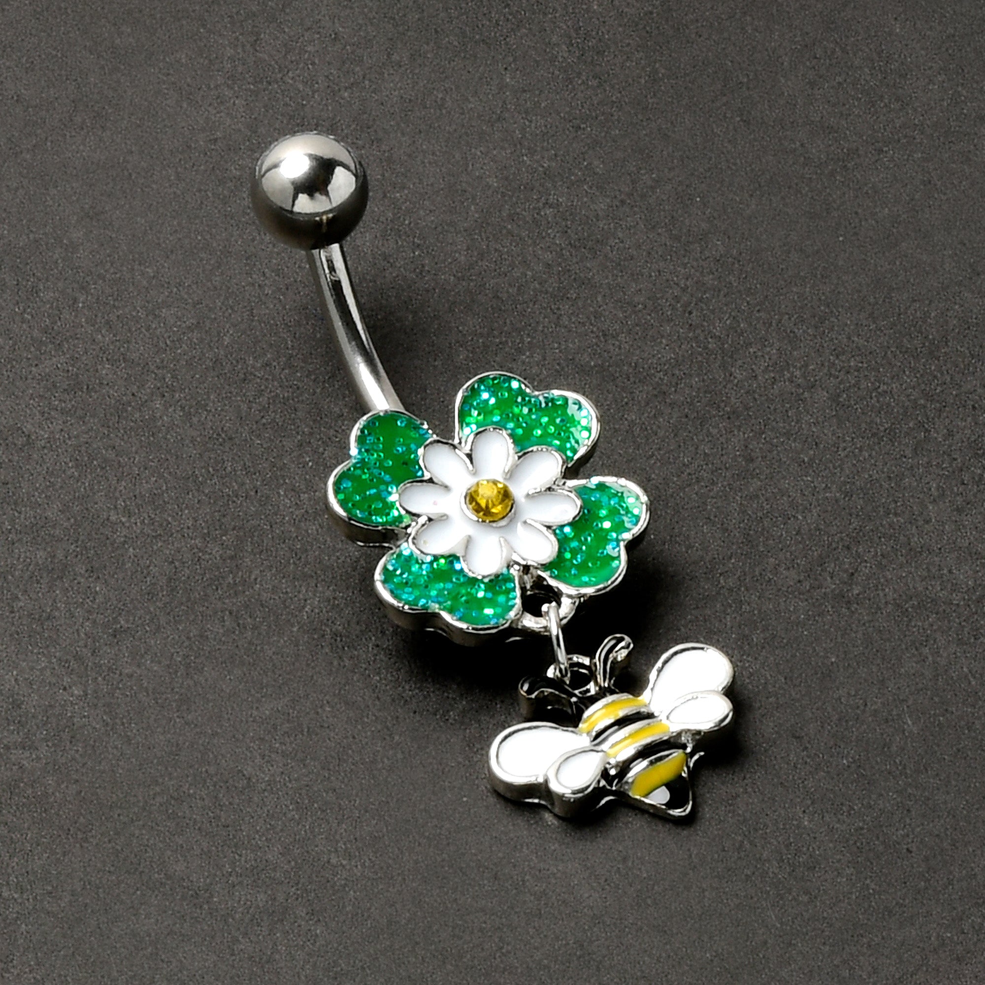 BodyCandy Yellow Gem Daisy Bee Glittery Dangle Belly Ring — side view