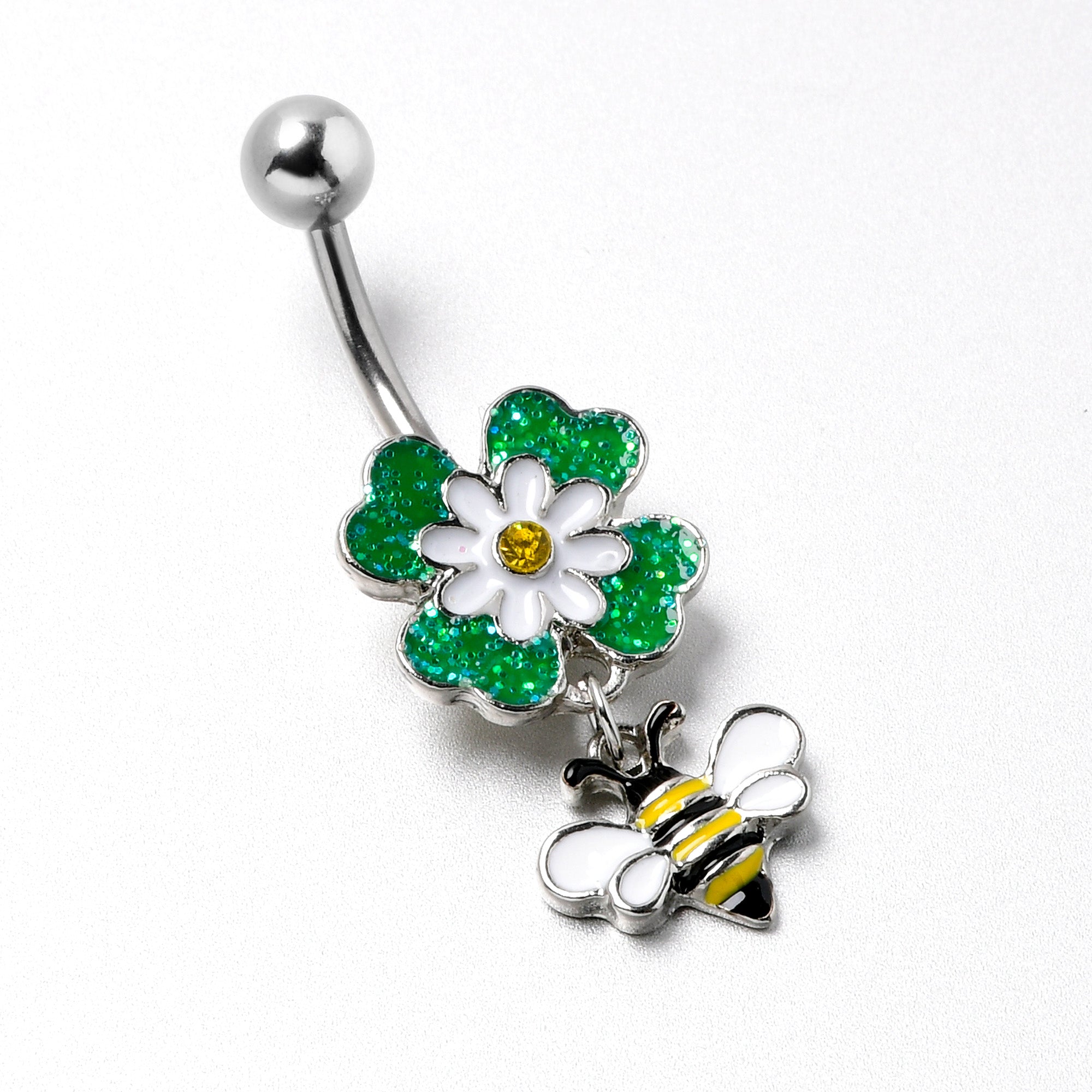 BodyCandy Yellow Gem Daisy Bee Glittery Dangle Belly Ring — back view