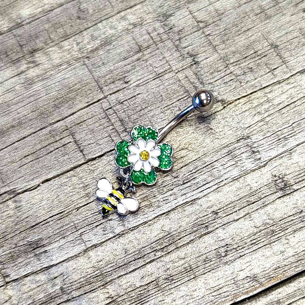 BodyCandy Yellow Gem Daisy Bee Glittery Dangle Belly Ring — in-use photo