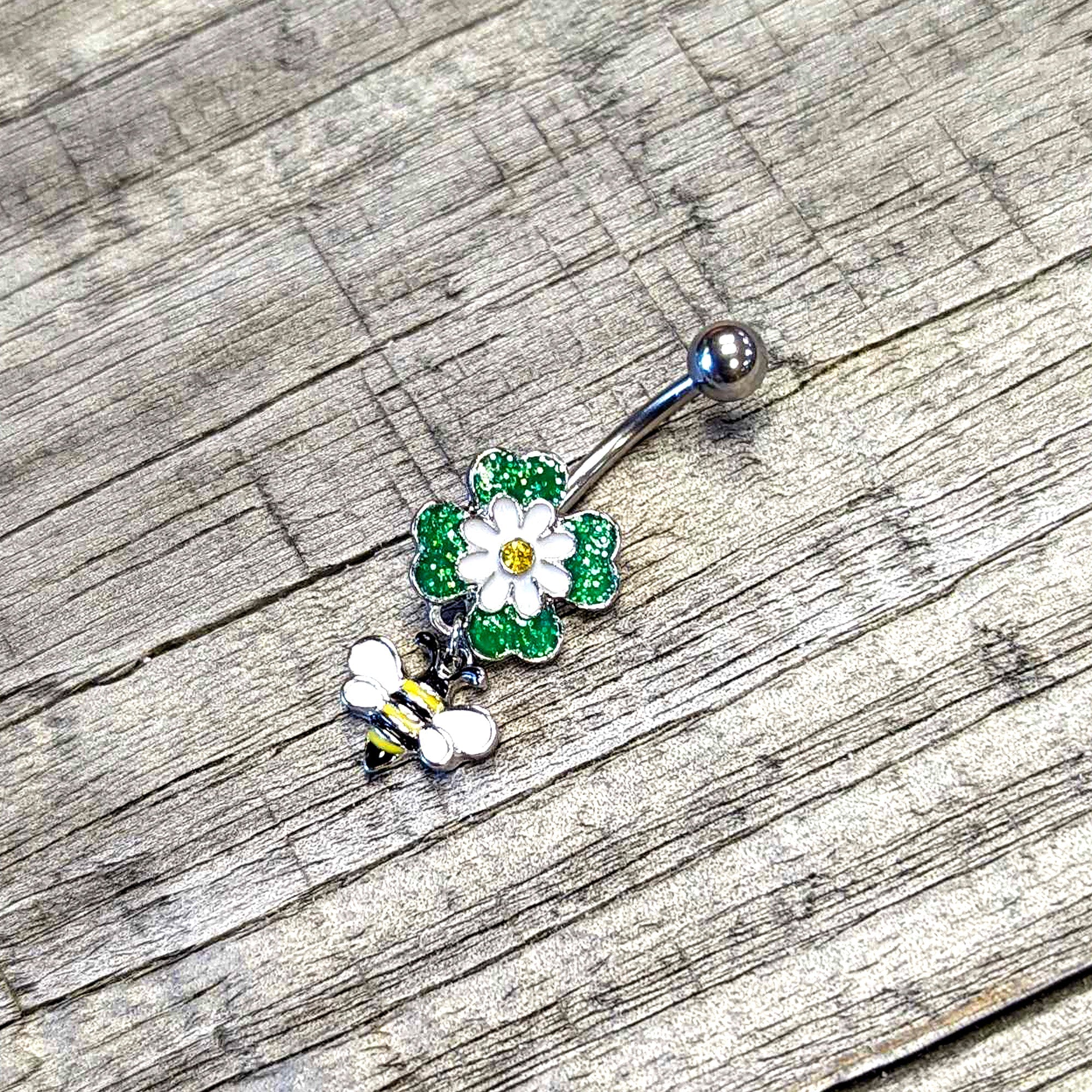 BodyCandy Yellow Gem Daisy Bee Glittery Dangle Belly Ring — in-use photo