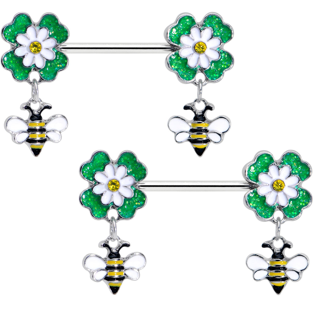 BodyCandy 14G 9/16 Yellow Gem Daisy Bee Glittery Barbell Nipple Ring Set — main product shot
