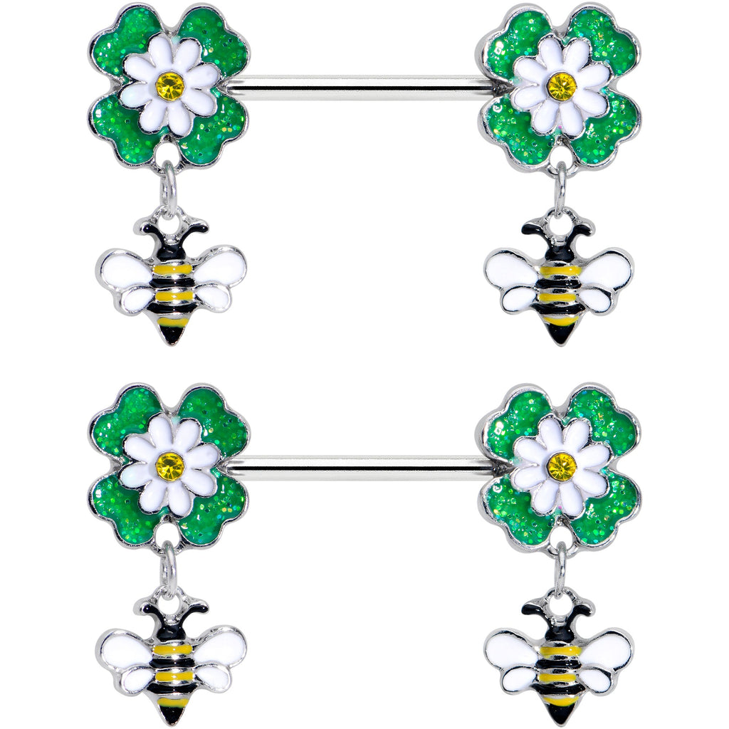 BodyCandy 14G 9/16 Yellow Gem Daisy Bee Glittery Barbell Nipple Ring Set — detail close-up