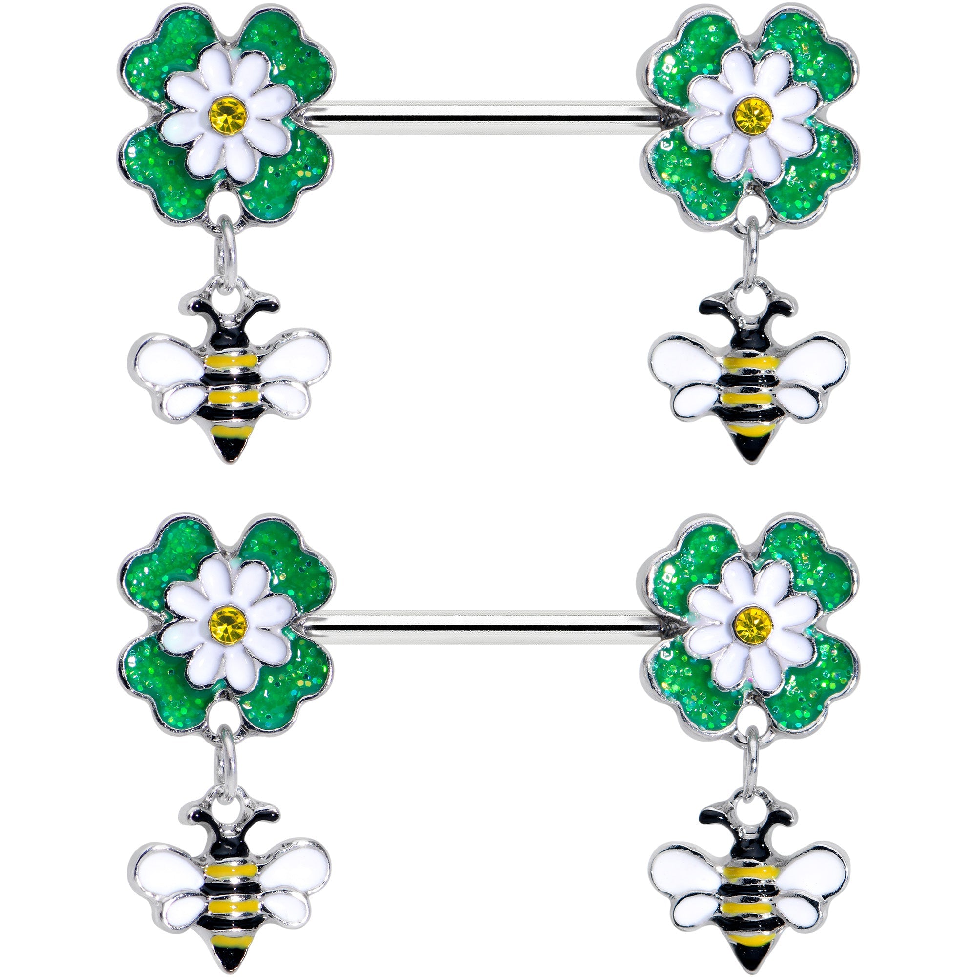 BodyCandy 14G 9/16 Yellow Gem Daisy Bee Glittery Barbell Nipple Ring Set — detail close-up