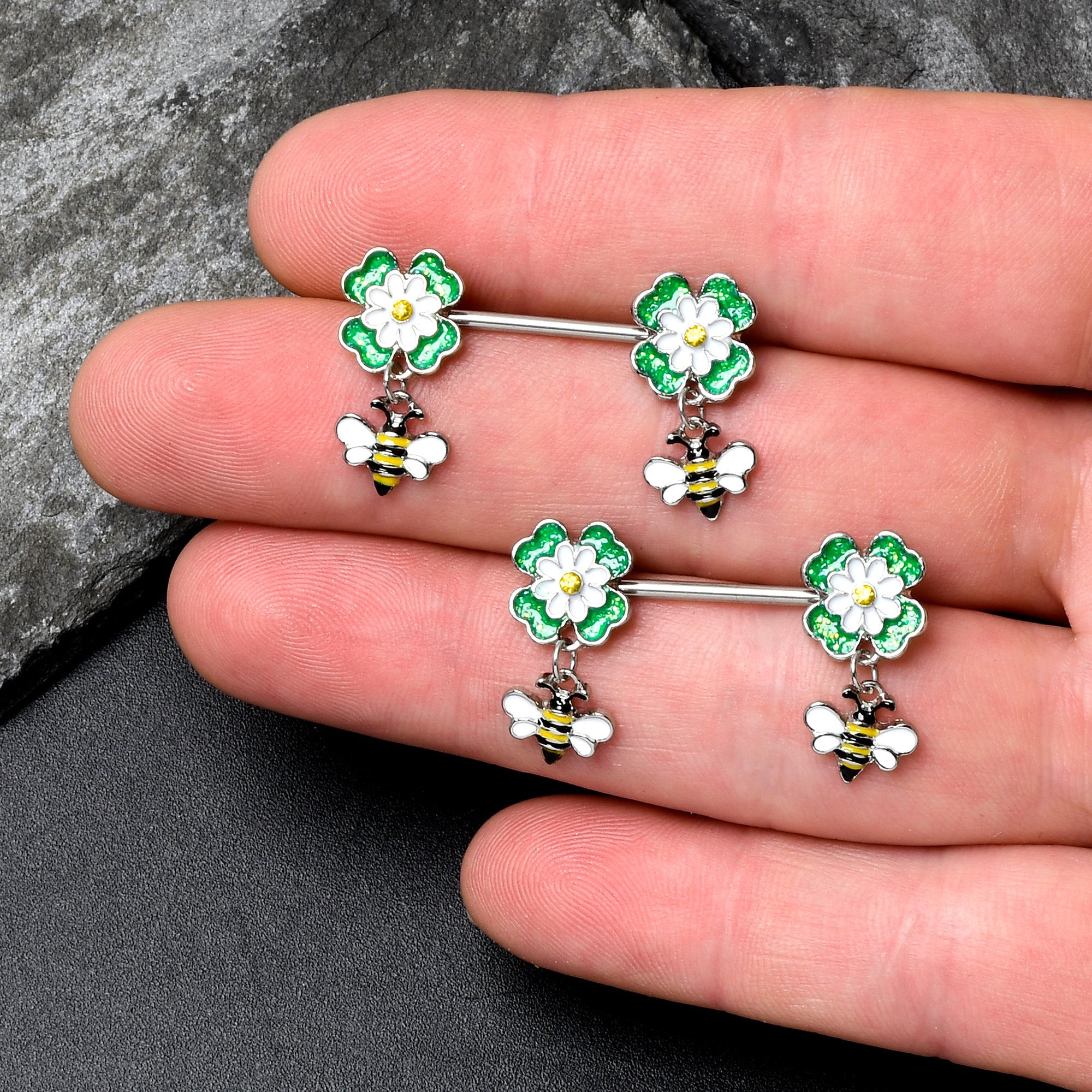 BodyCandy 14G 9/16 Yellow Gem Daisy Bee Glittery Barbell Nipple Ring Set — lifestyle context
