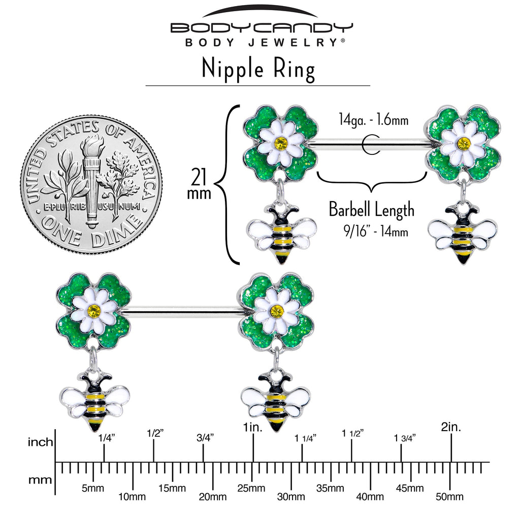 BodyCandy 14G 9/16 Yellow Gem Daisy Bee Glittery Barbell Nipple Ring Set — side view