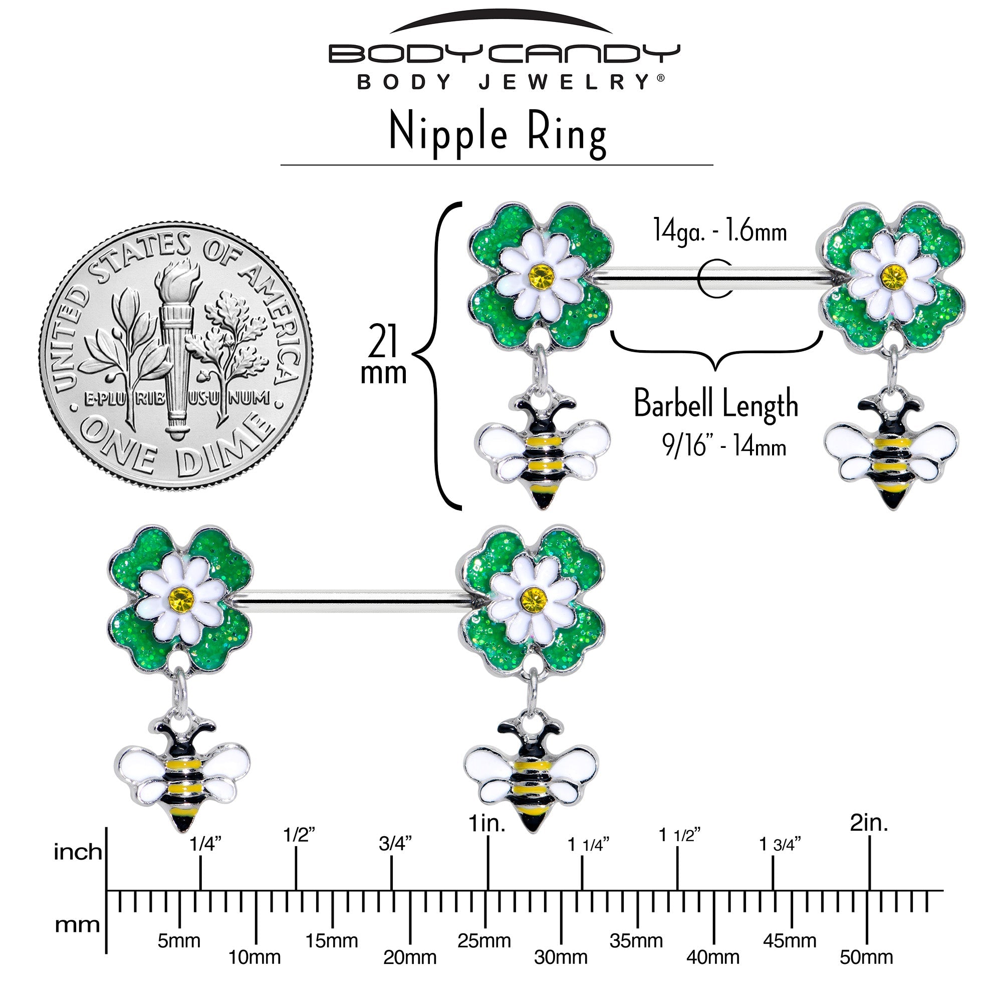BodyCandy 14G 9/16 Yellow Gem Daisy Bee Glittery Barbell Nipple Ring Set — side view