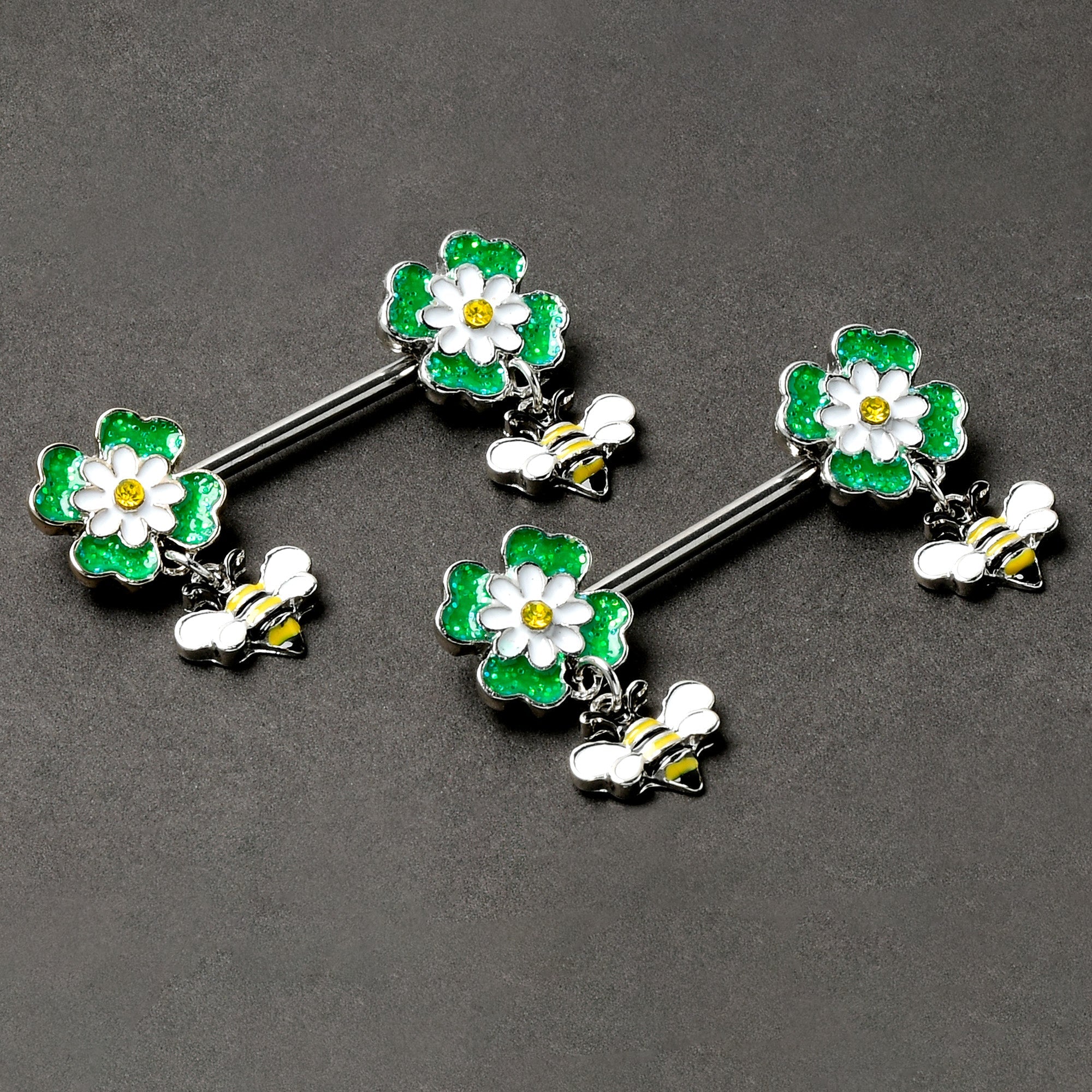 BodyCandy 14G 9/16 Yellow Gem Daisy Bee Glittery Barbell Nipple Ring Set — back view