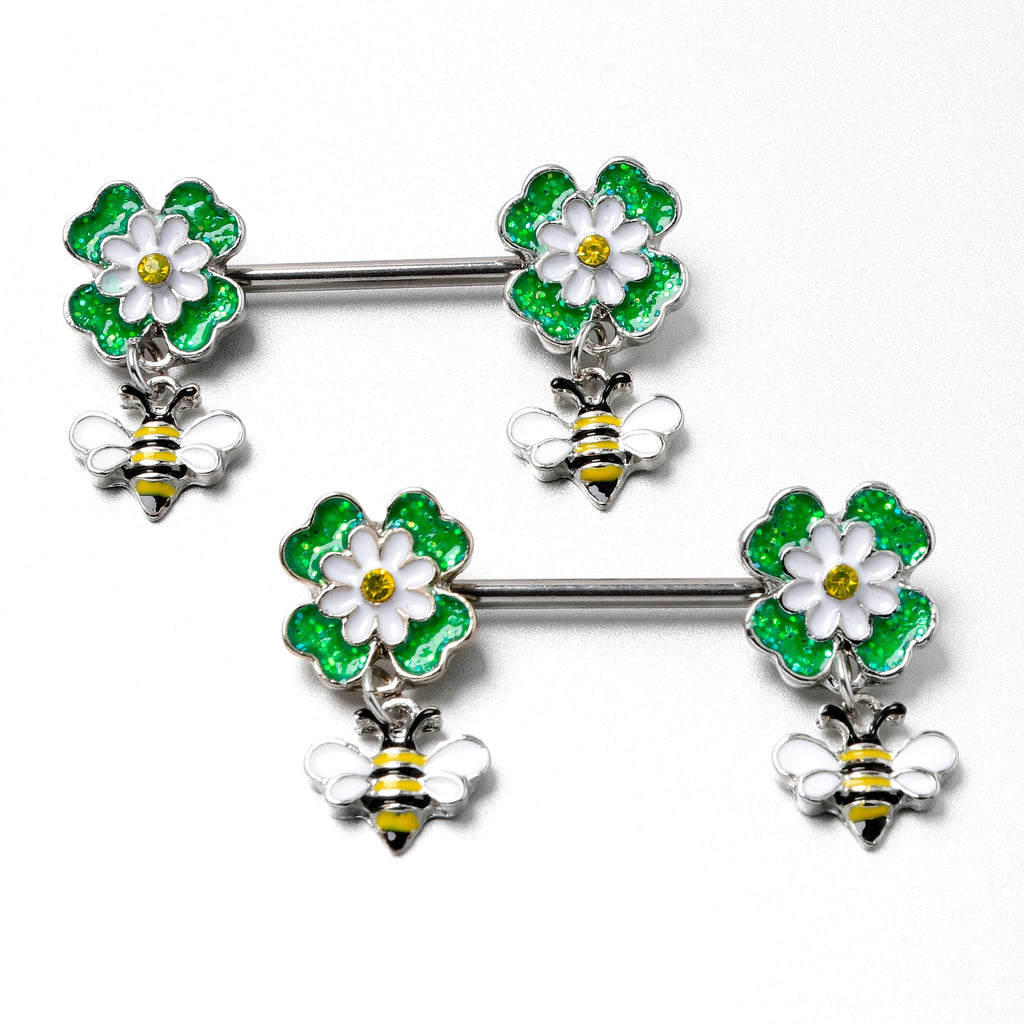 BodyCandy 14G 9/16 Yellow Gem Daisy Bee Glittery Barbell Nipple Ring Set — alternative angle